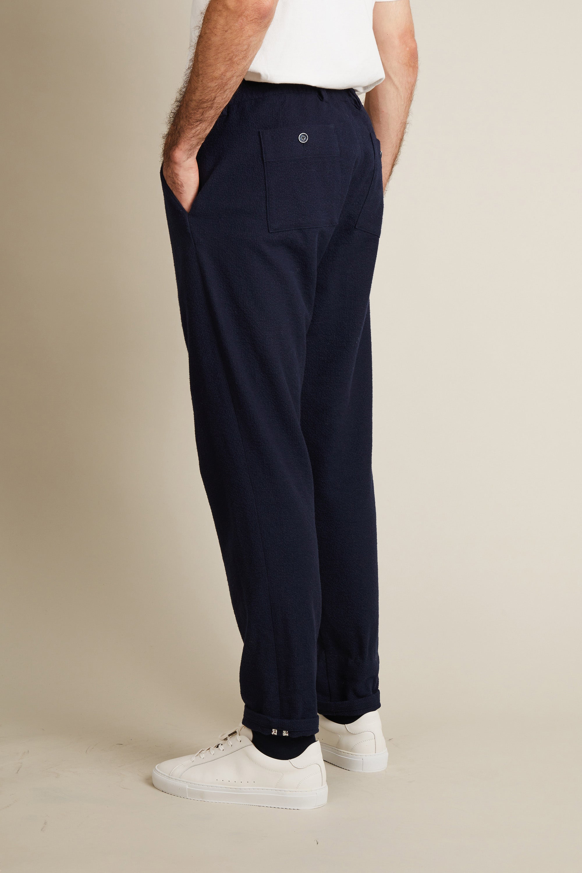 Jogpant seersucker laine bleu marine
