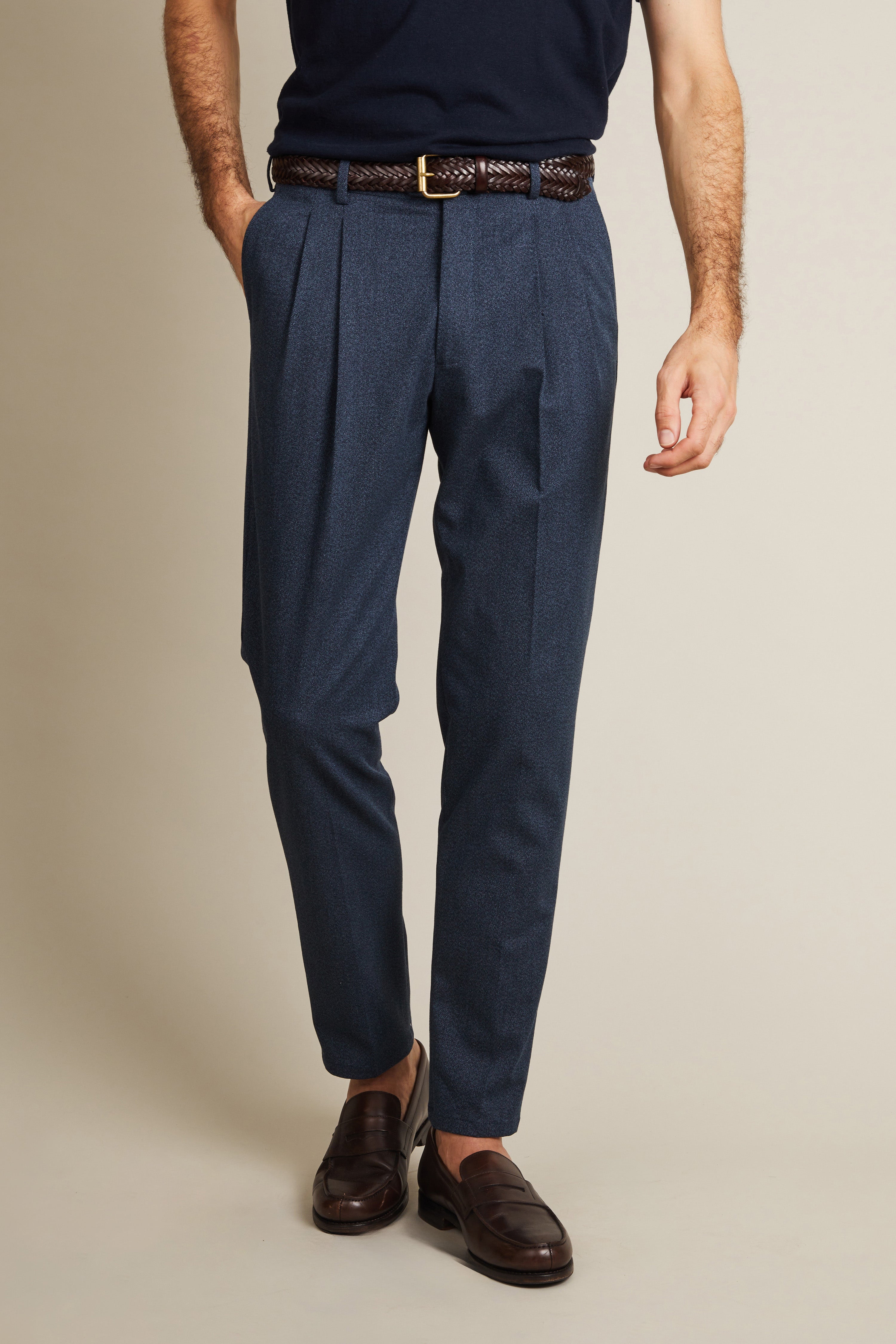 Men's Navy Blue Flannel Double Pleat Trousers | LePantalon