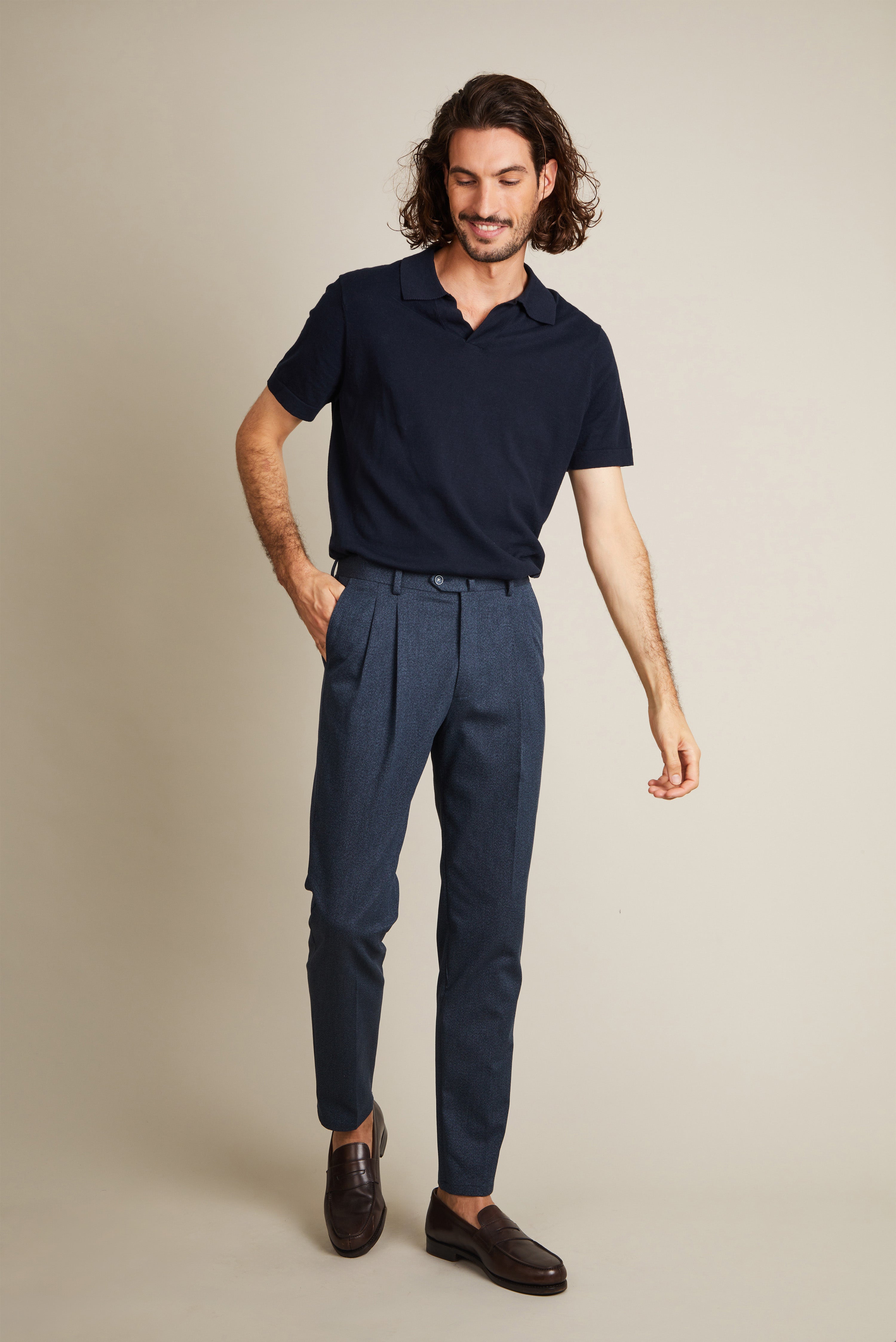 Navy blue flannel double pleated pants
