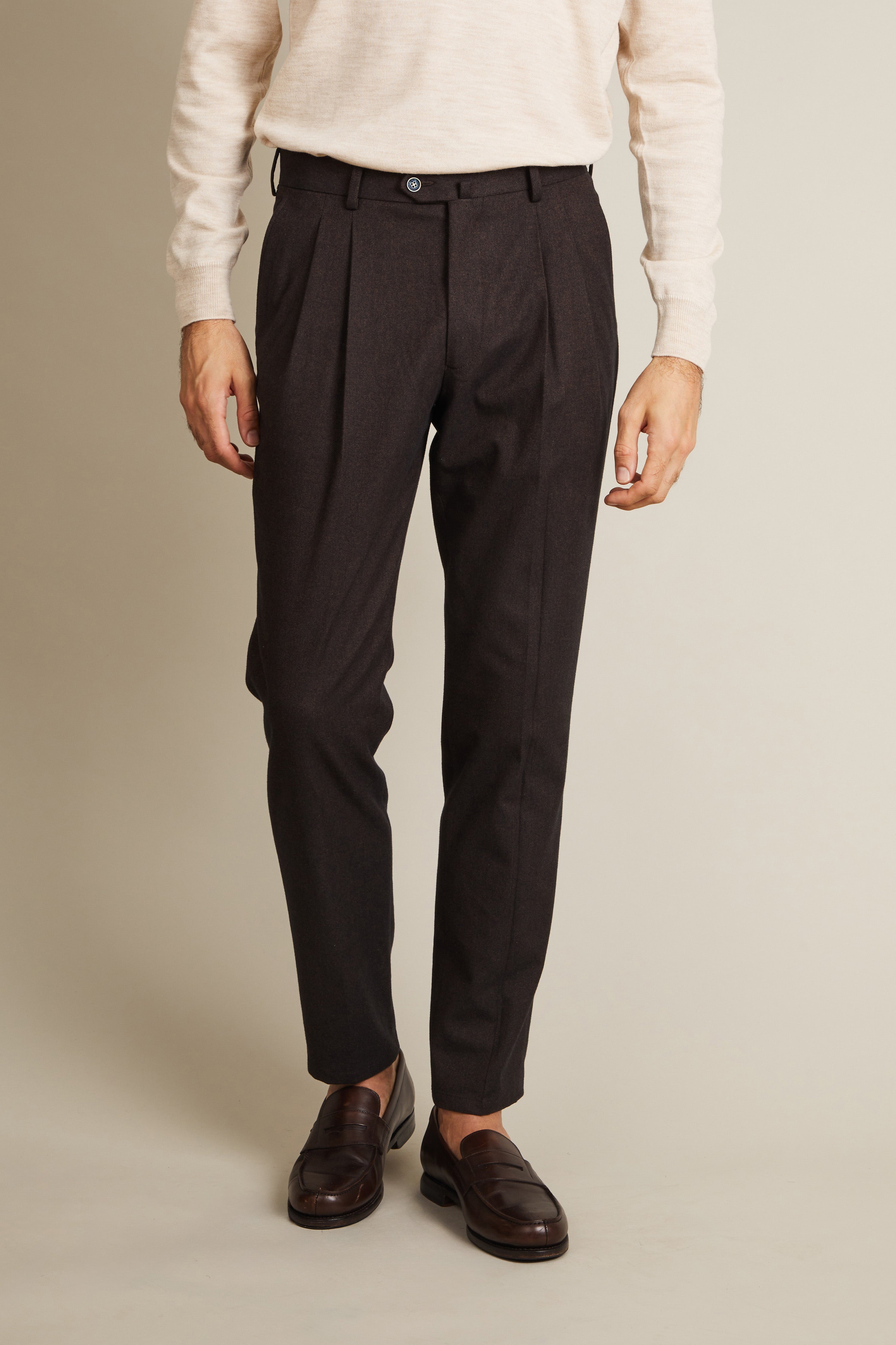 Men's Brown Flannel Double Pleat Trousers | LePantalon