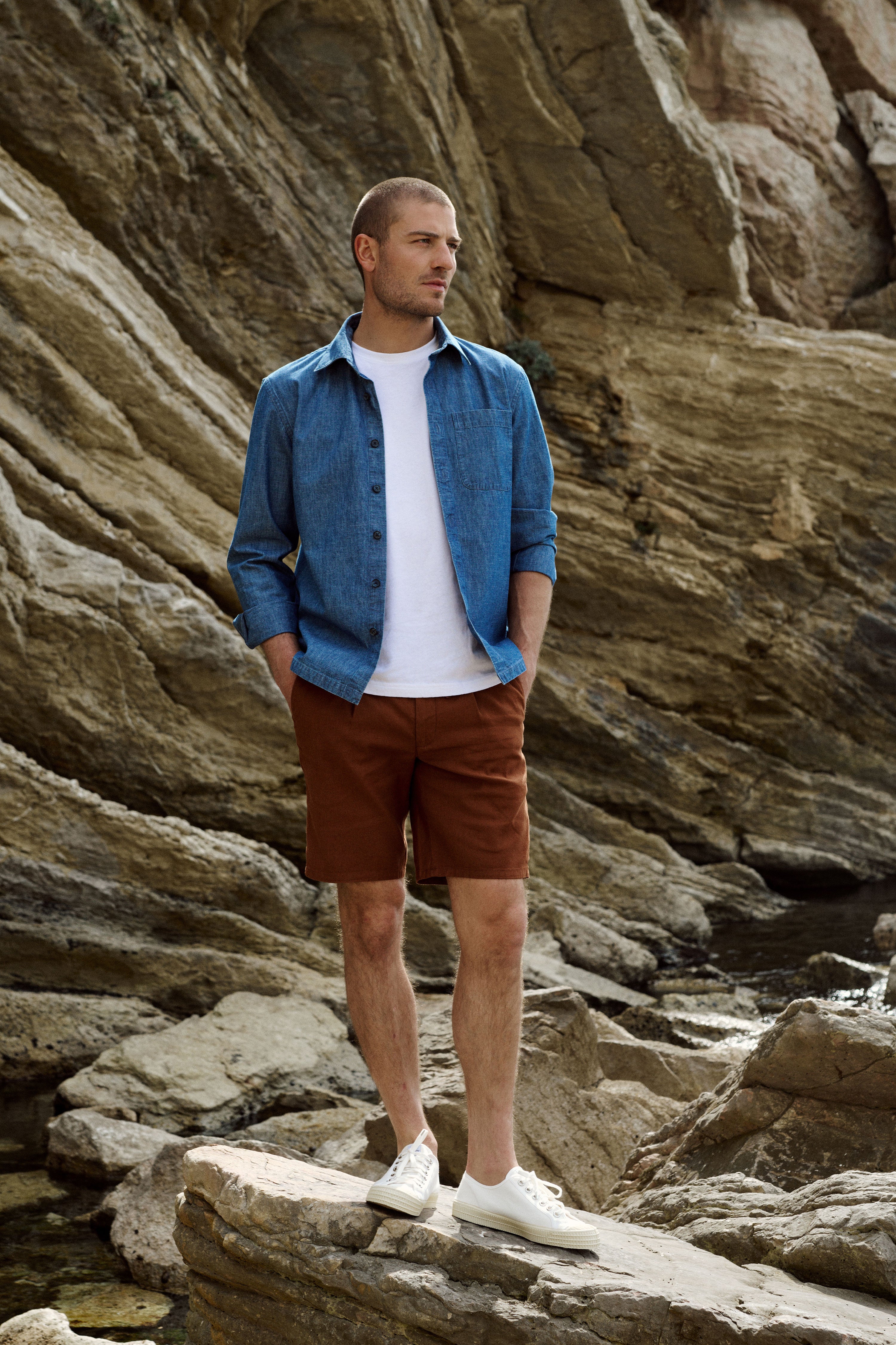 Terracotta cotton-linen bermuda shorts