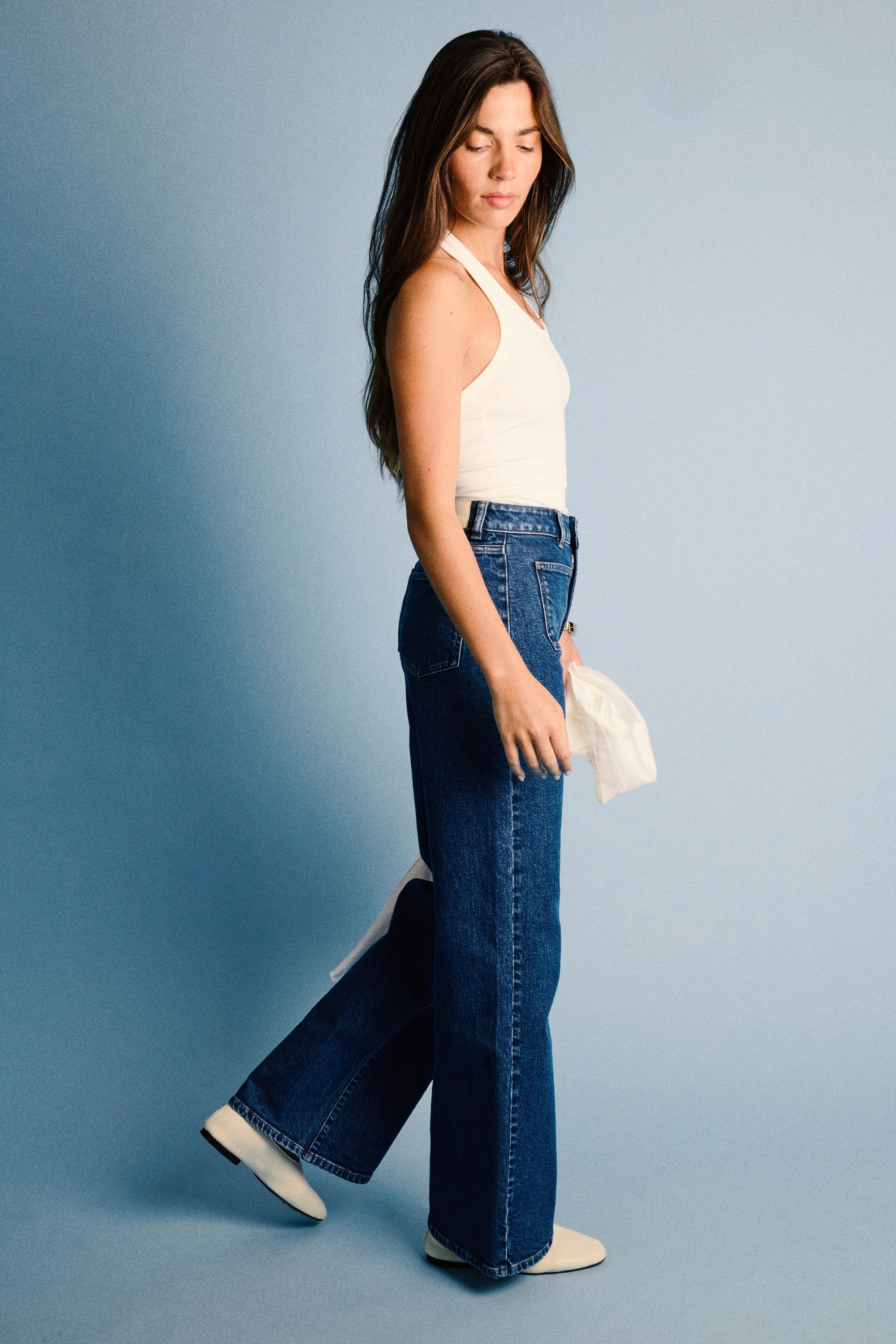 Wide-leg jeans with patch pockets, stone blue