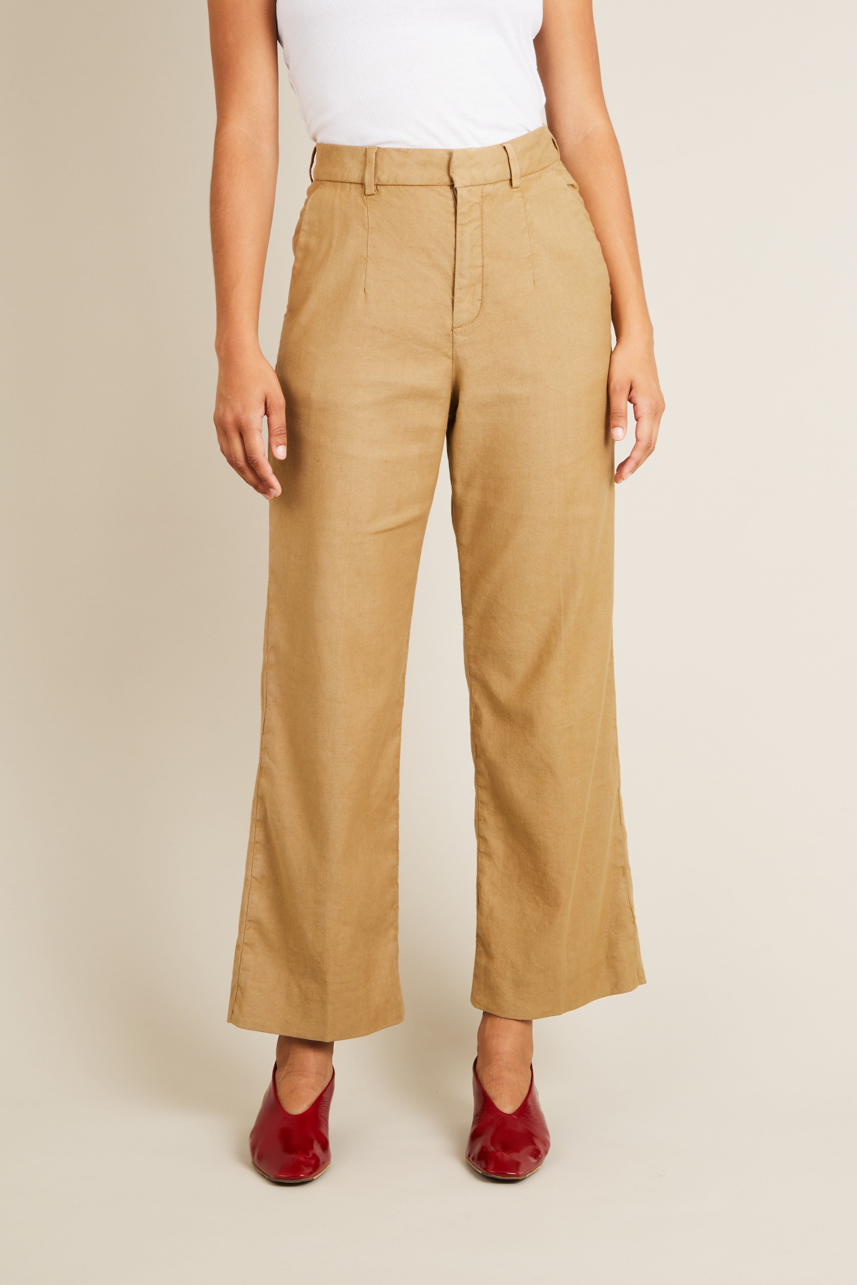 Dark beige cotton-linen flared pants