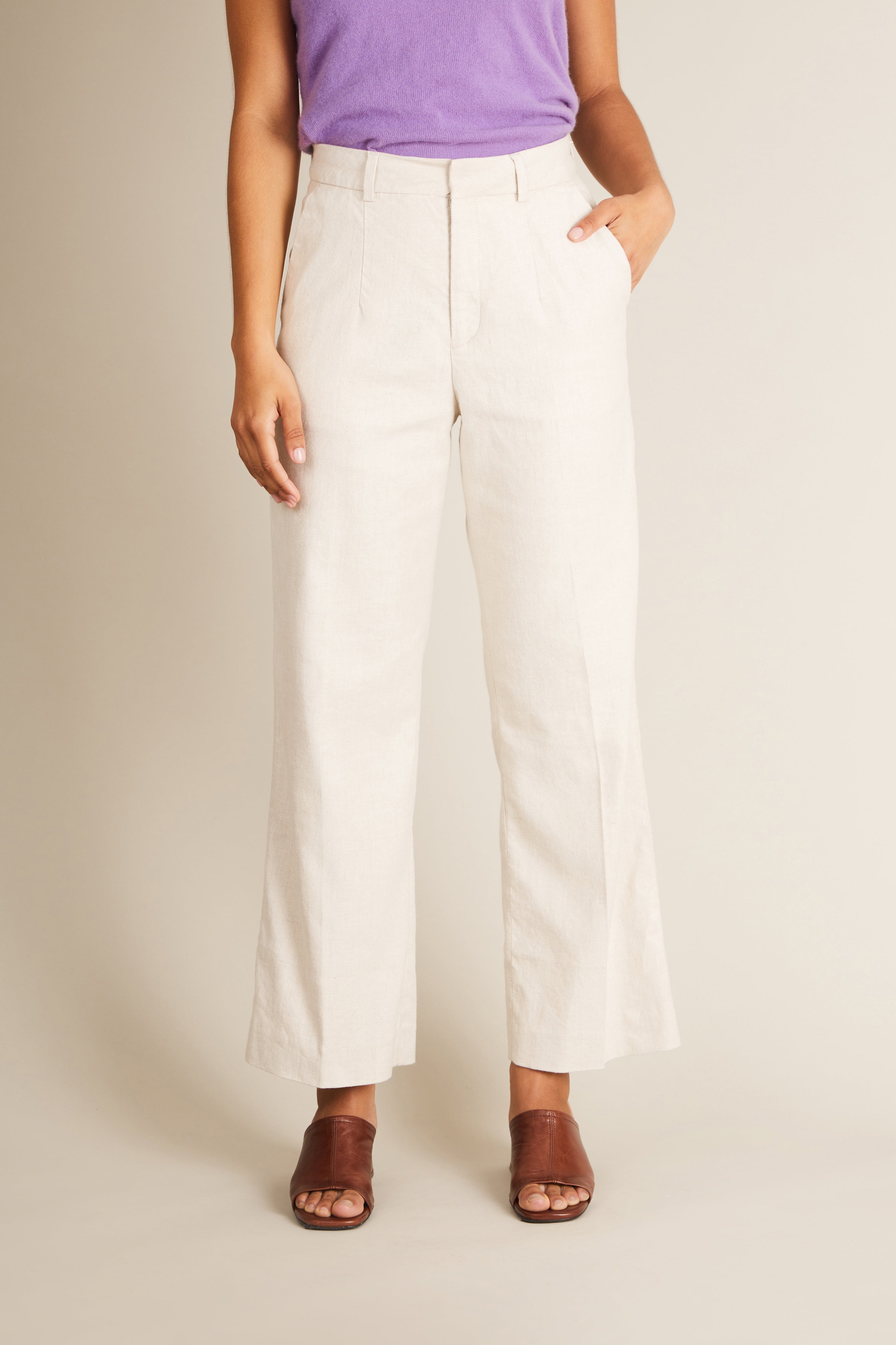 Pantalon flare coton-lin écru