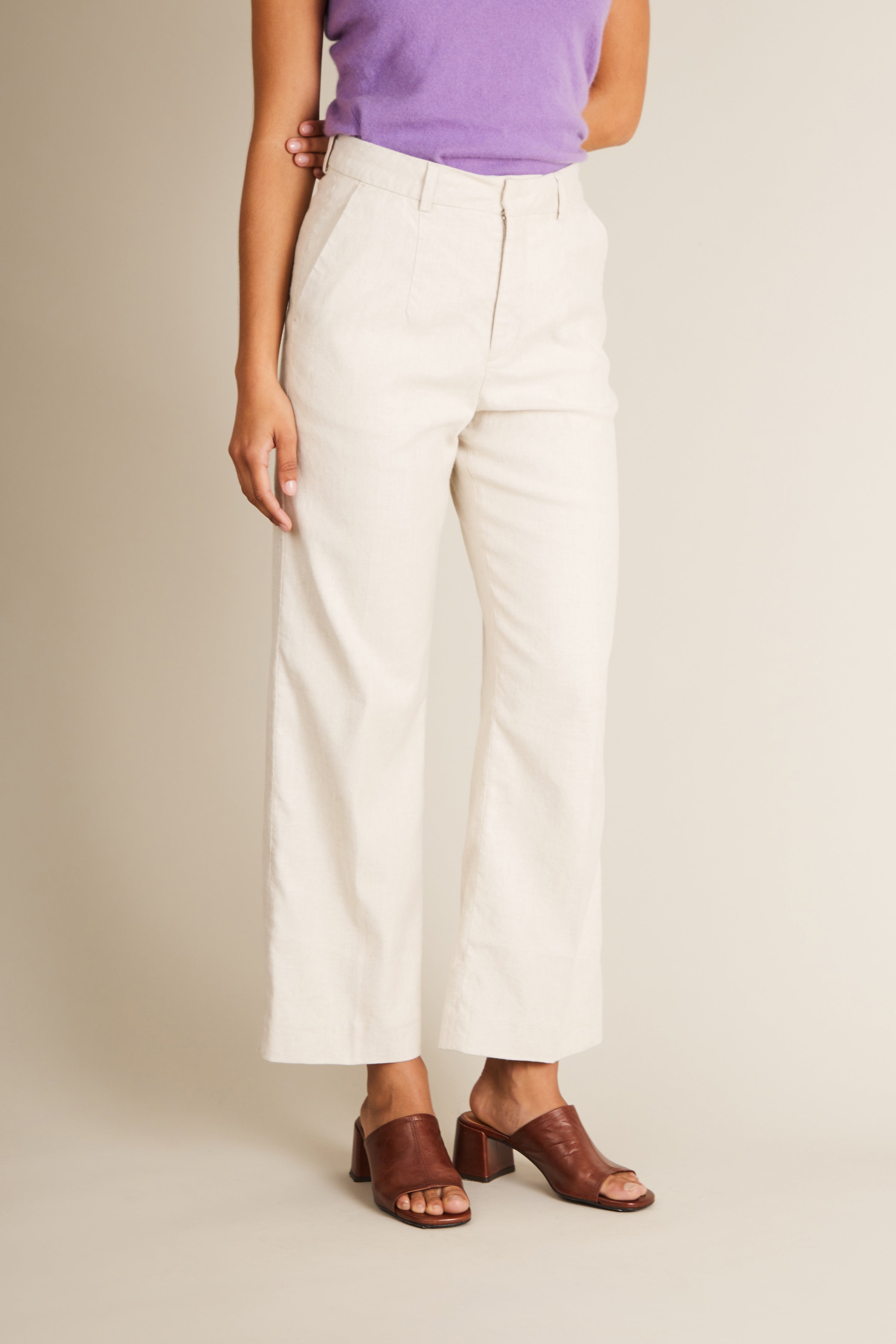 Pantalon flare coton-lin écru