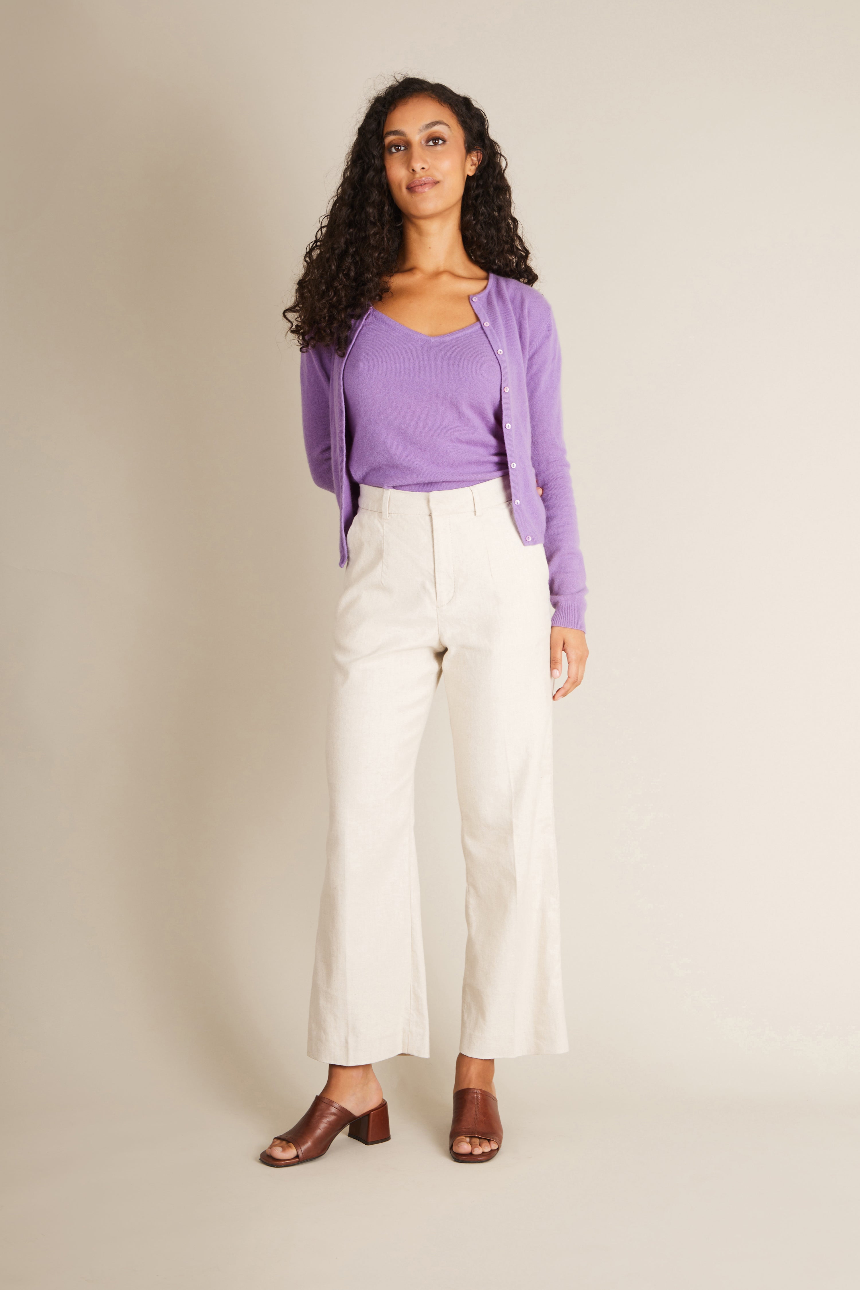 Pantalon flare coton-lin écru