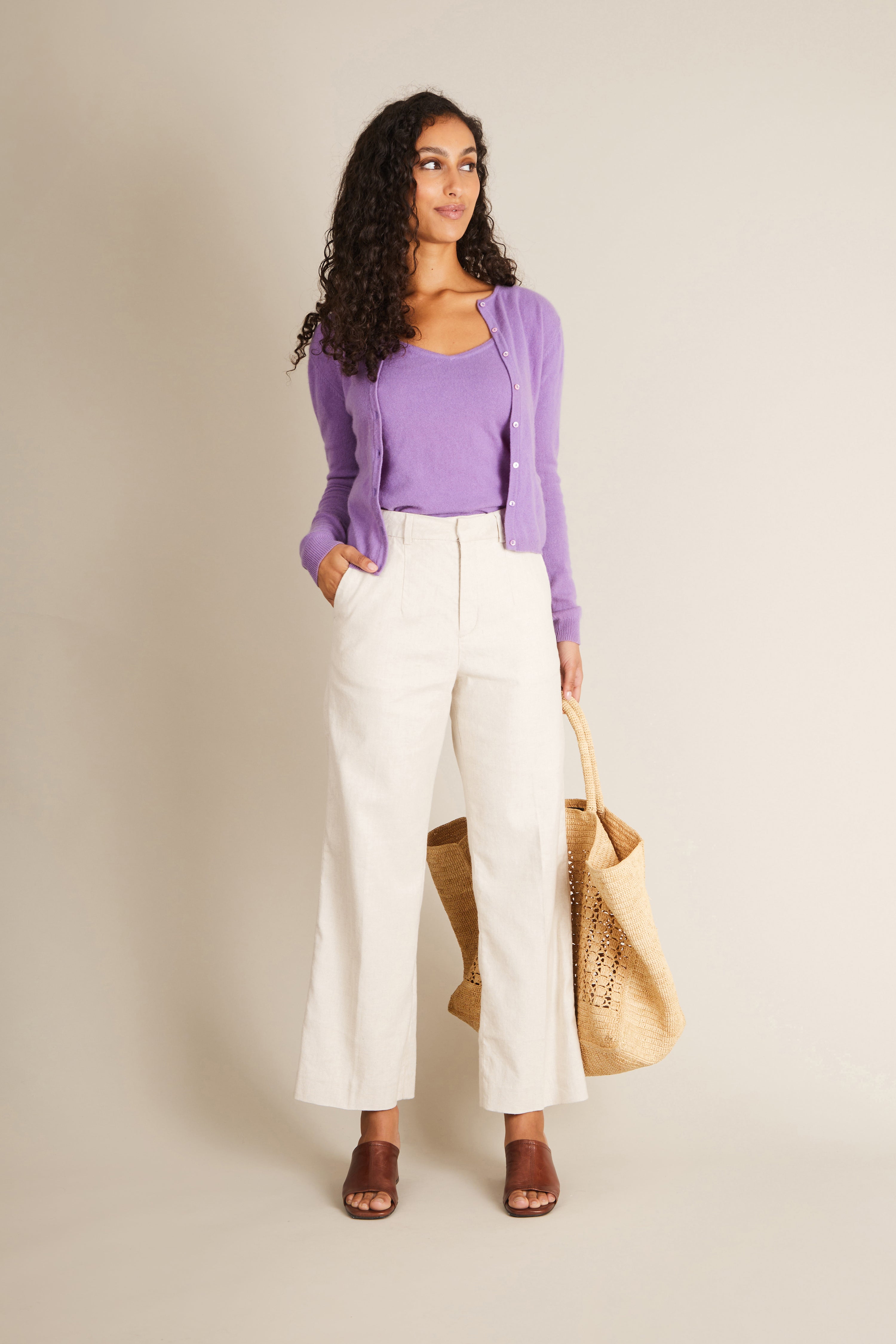 Pantalon flare coton-lin écru
