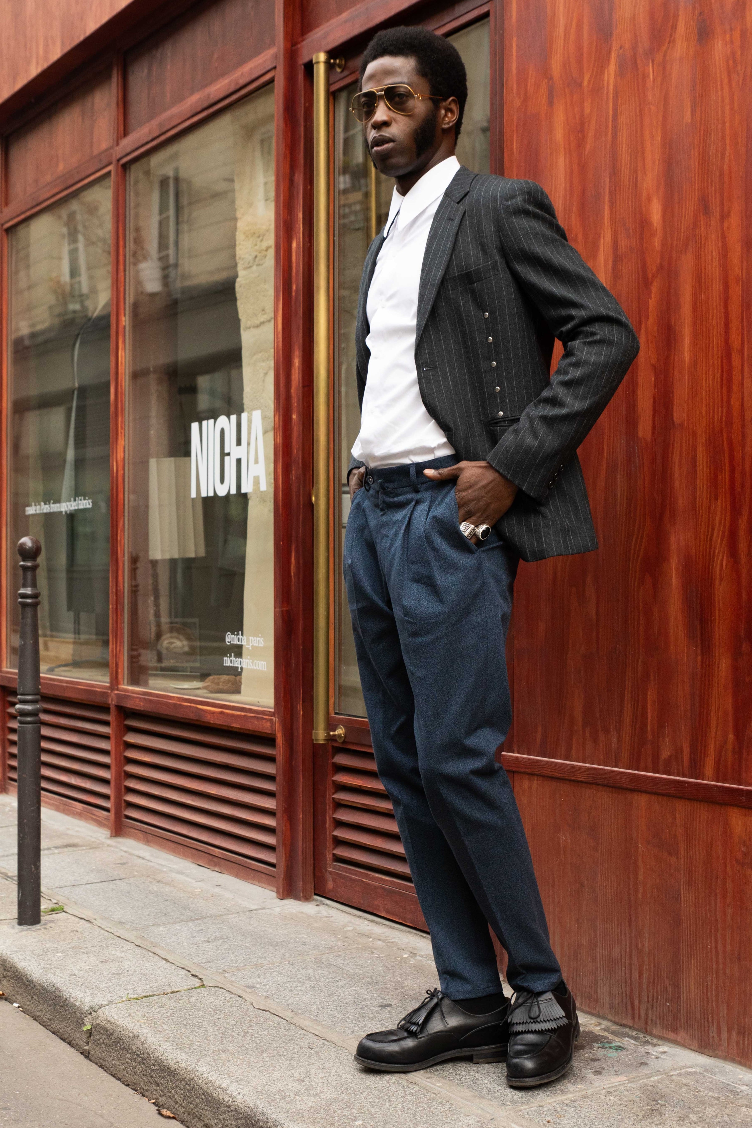 Navy blue flannel double pleated pants