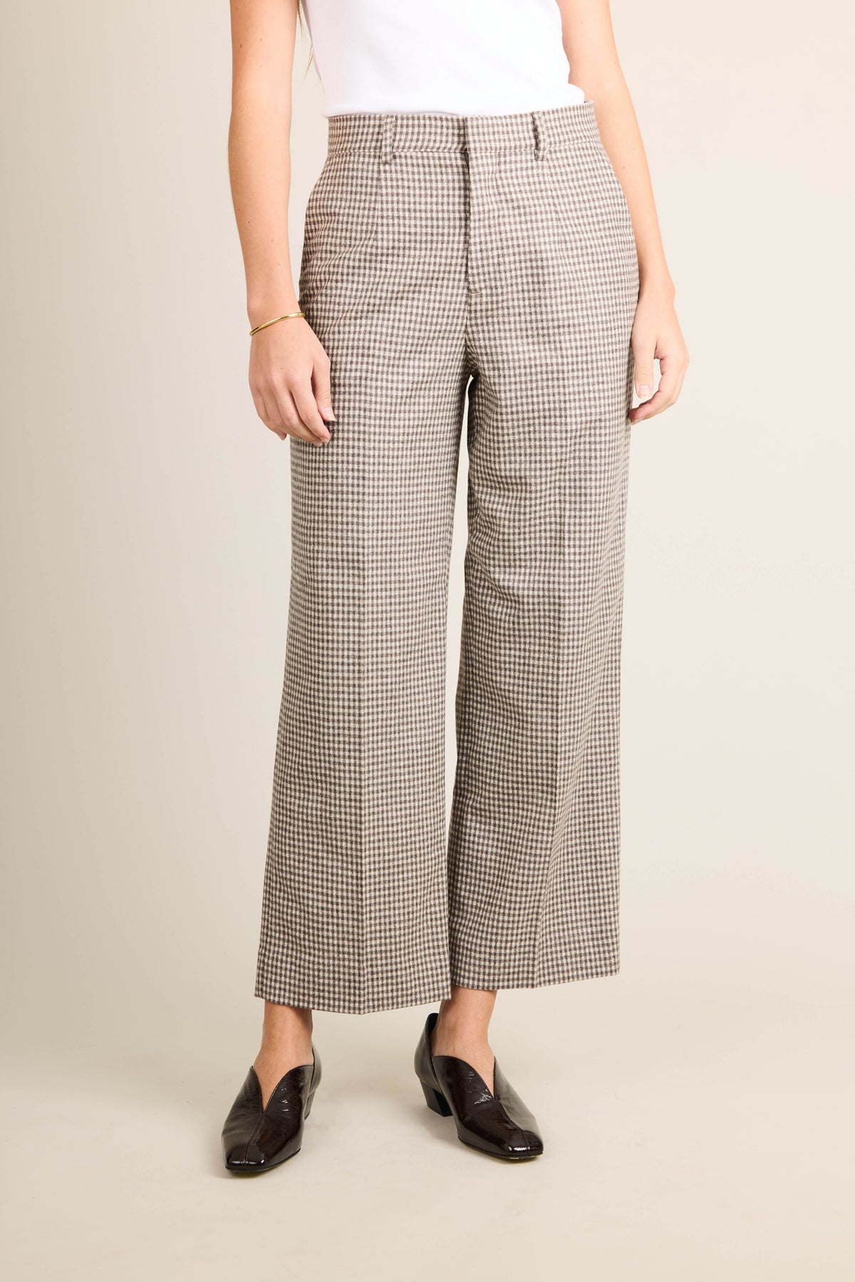 Pantalon flanelle flare vichy marron