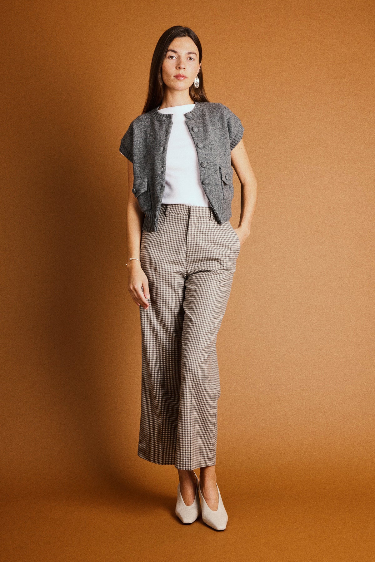 Pantalon flanelle flare vichy marron