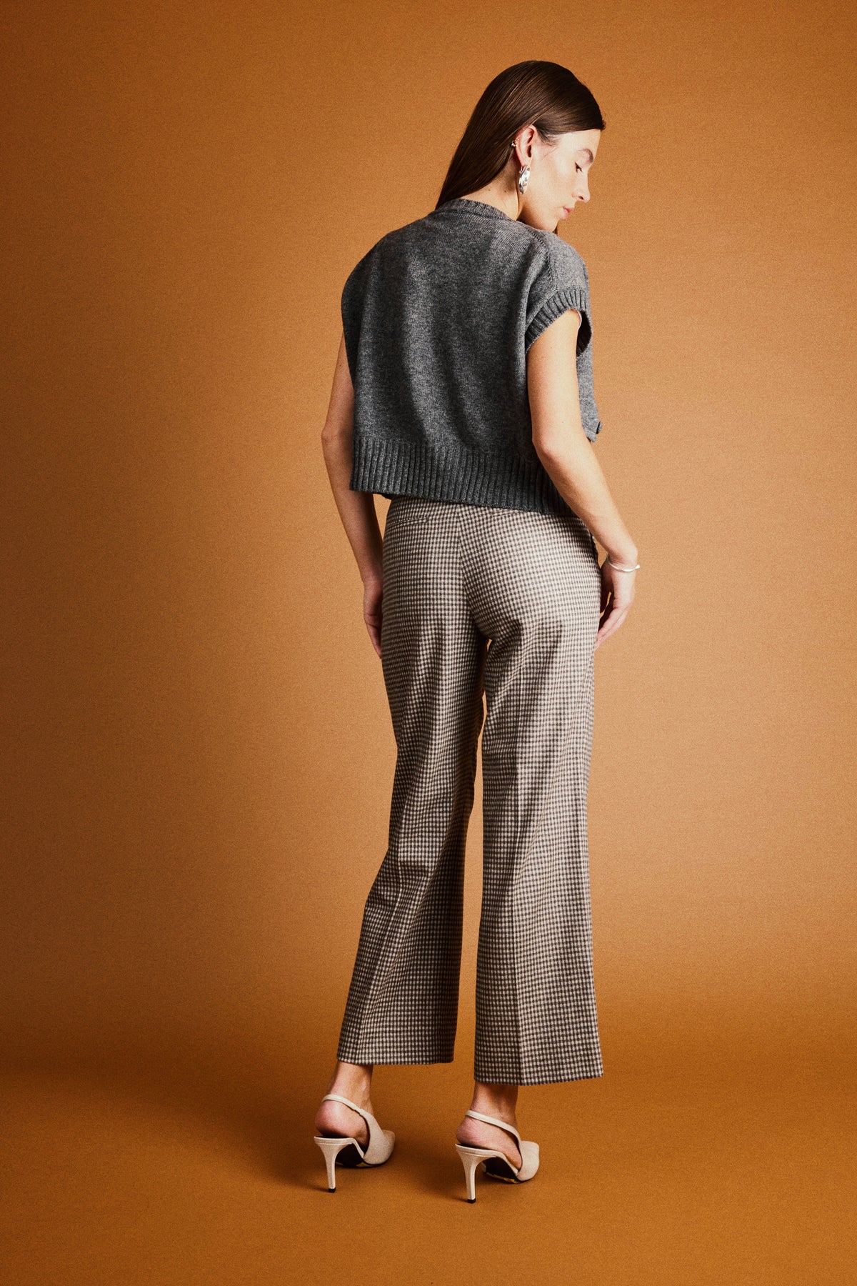 Pantalon flanelle flare vichy marron