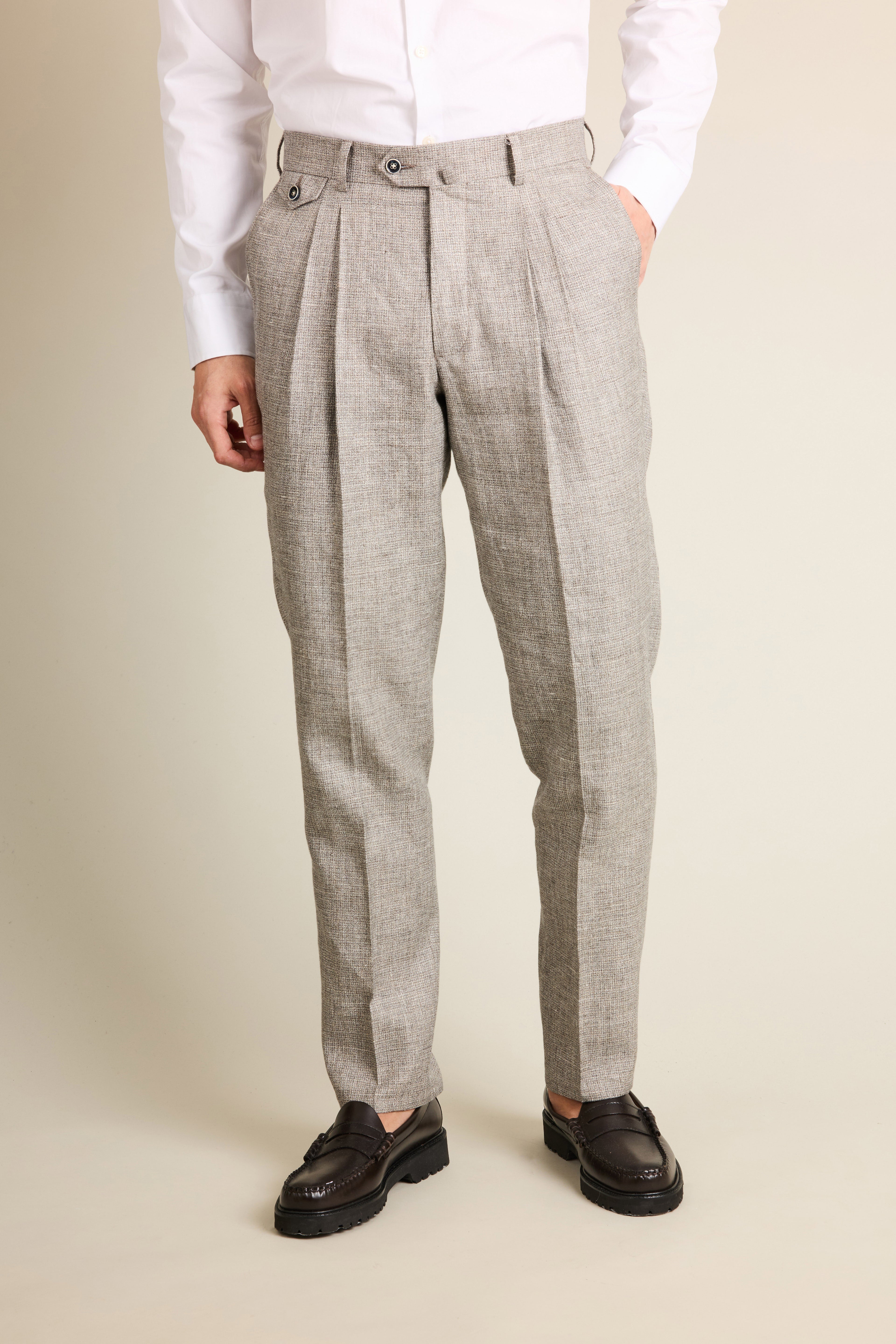 Lightweight houndstooth double-pleated trousers