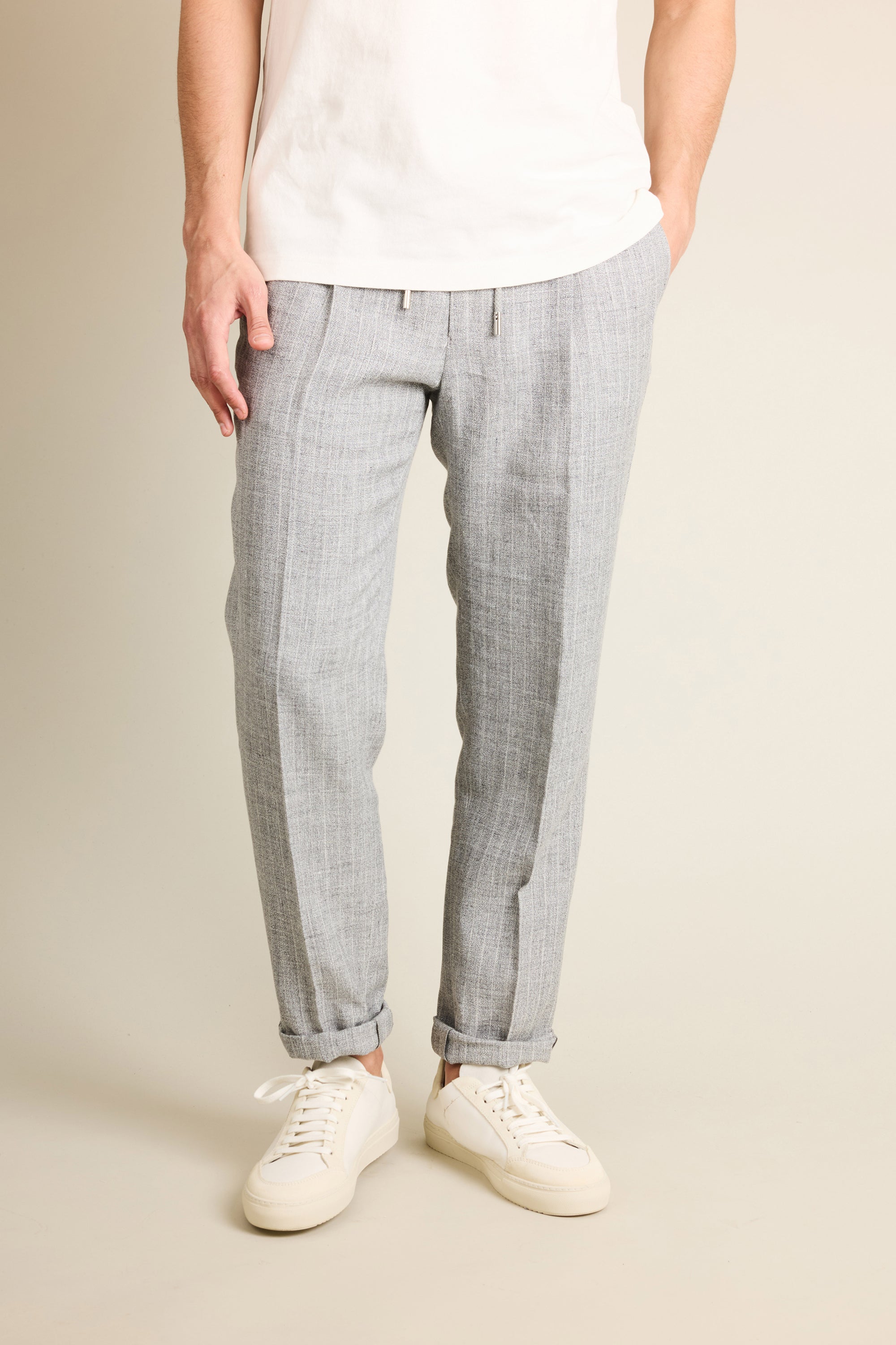 Grey striped linen-cotton jogger pants