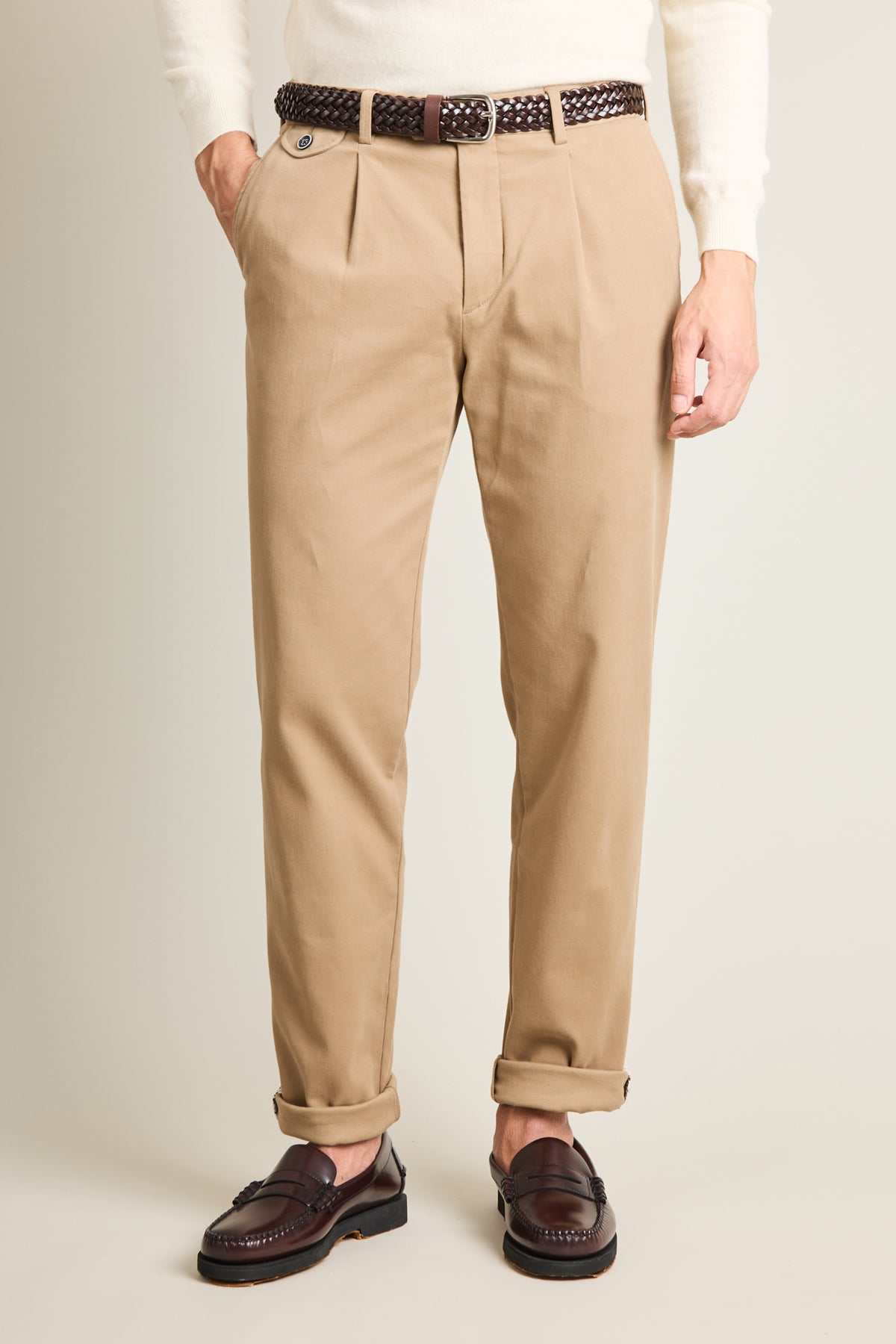 Beige pleated chinos