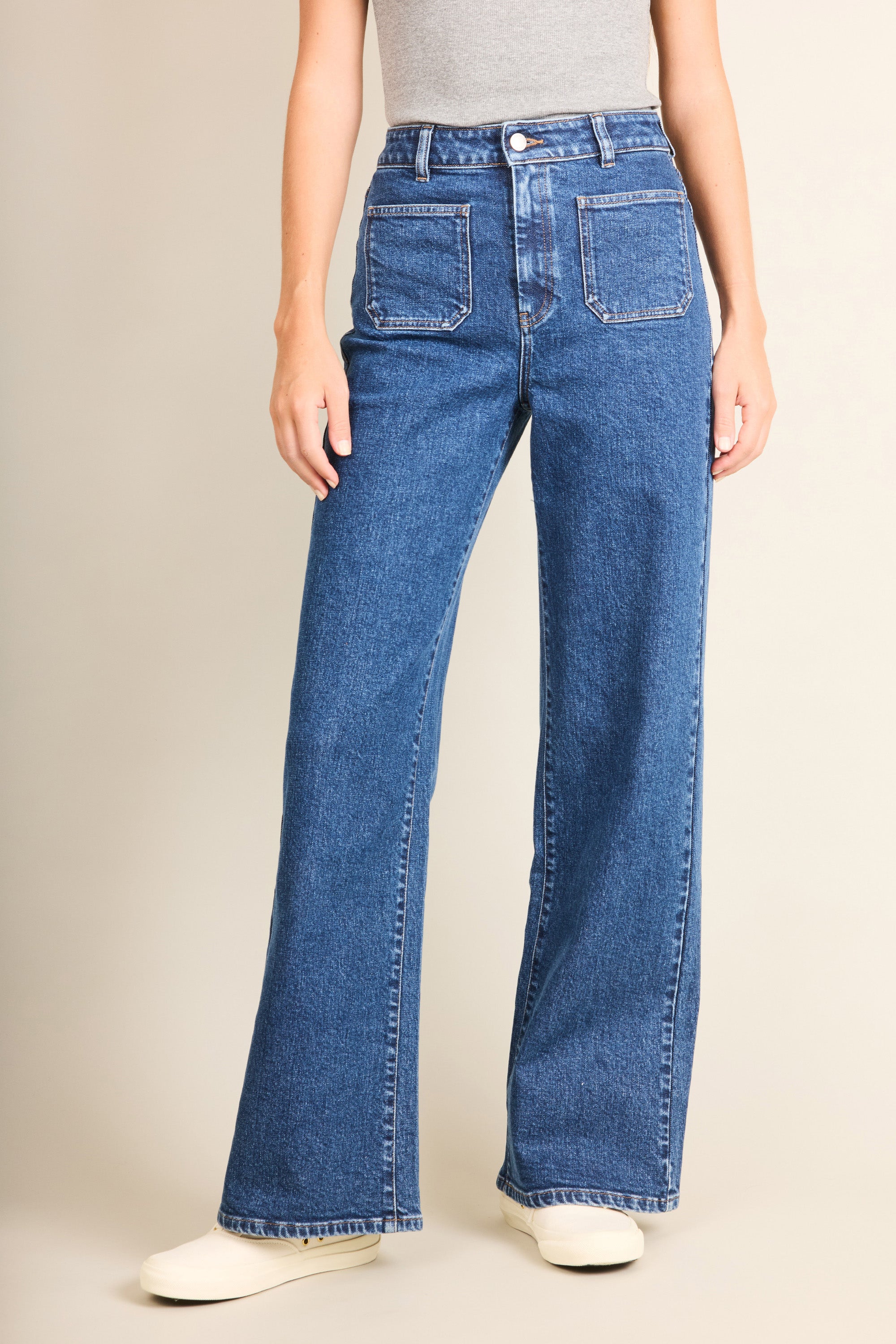 Wide-leg jeans with patch pockets, stone blue