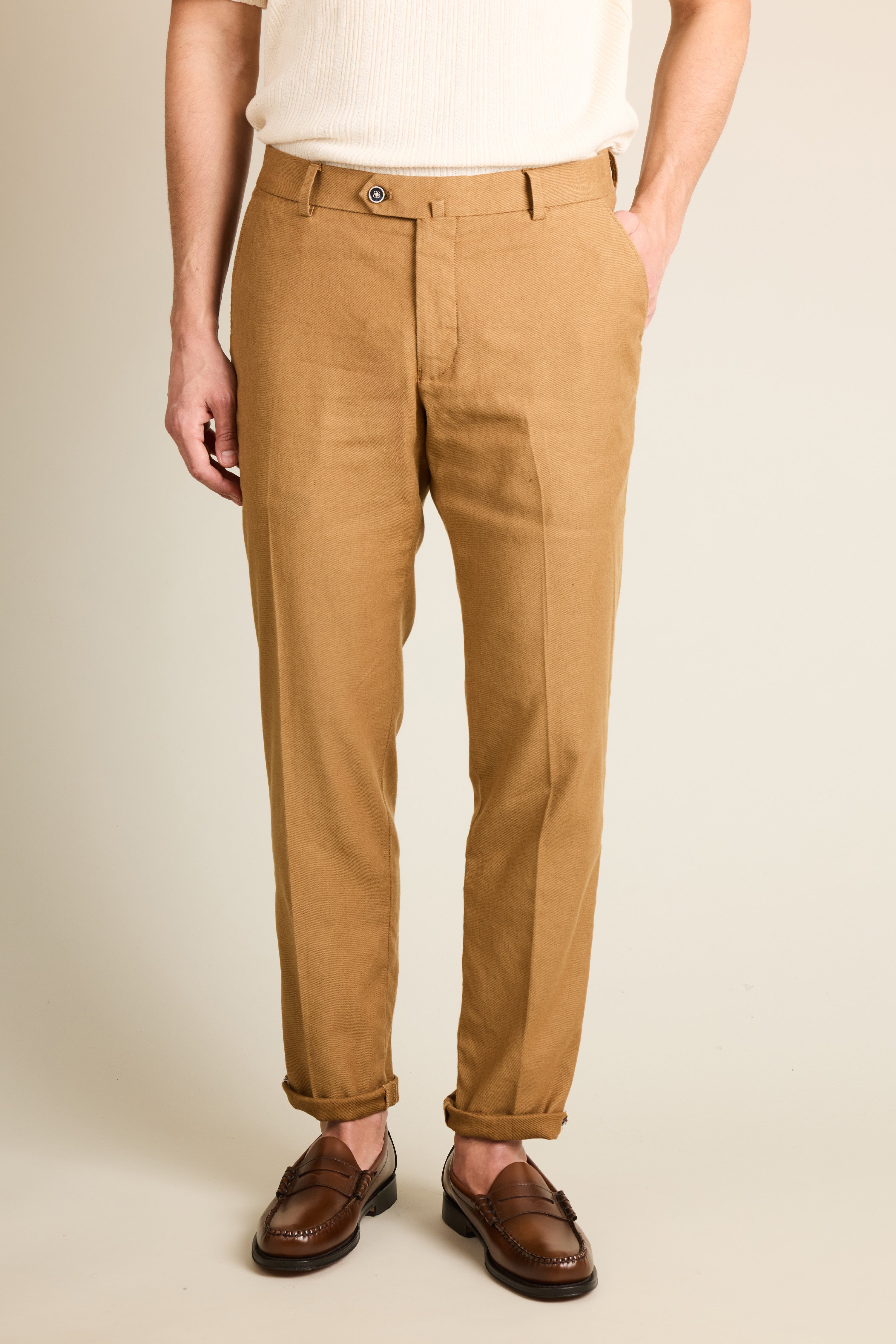 Chino coton-lin caramel