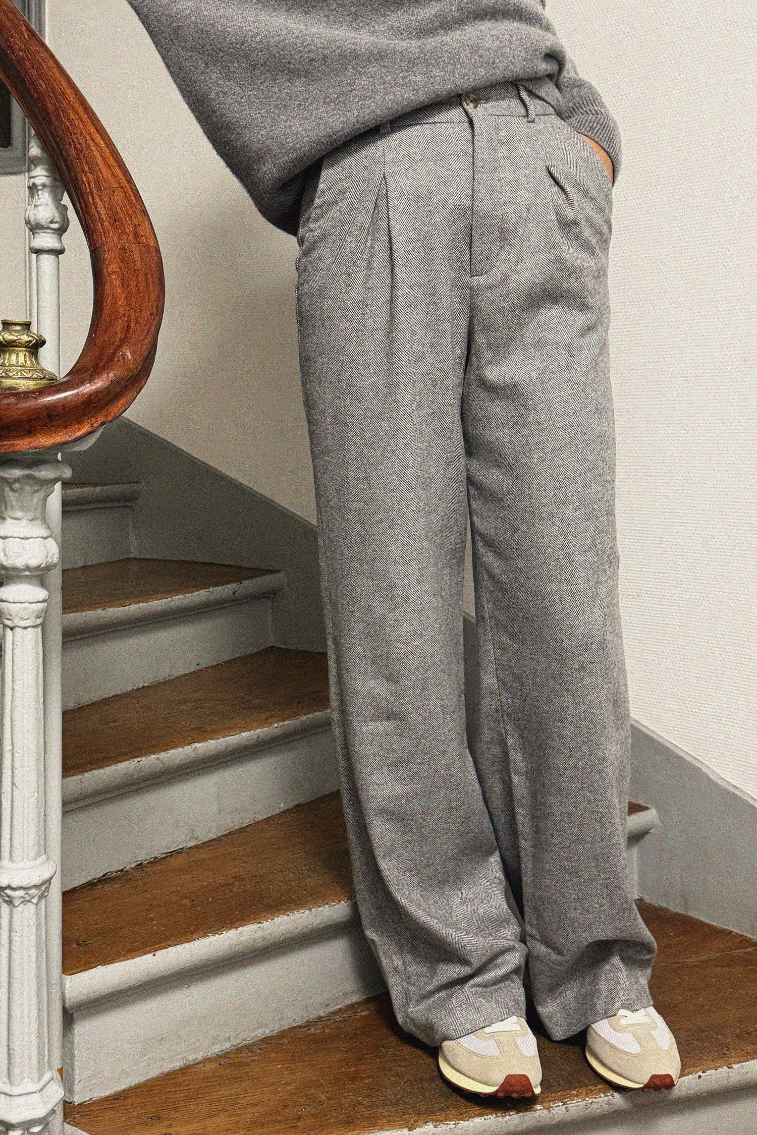 Pantalon à pinces flanelle chevron gris