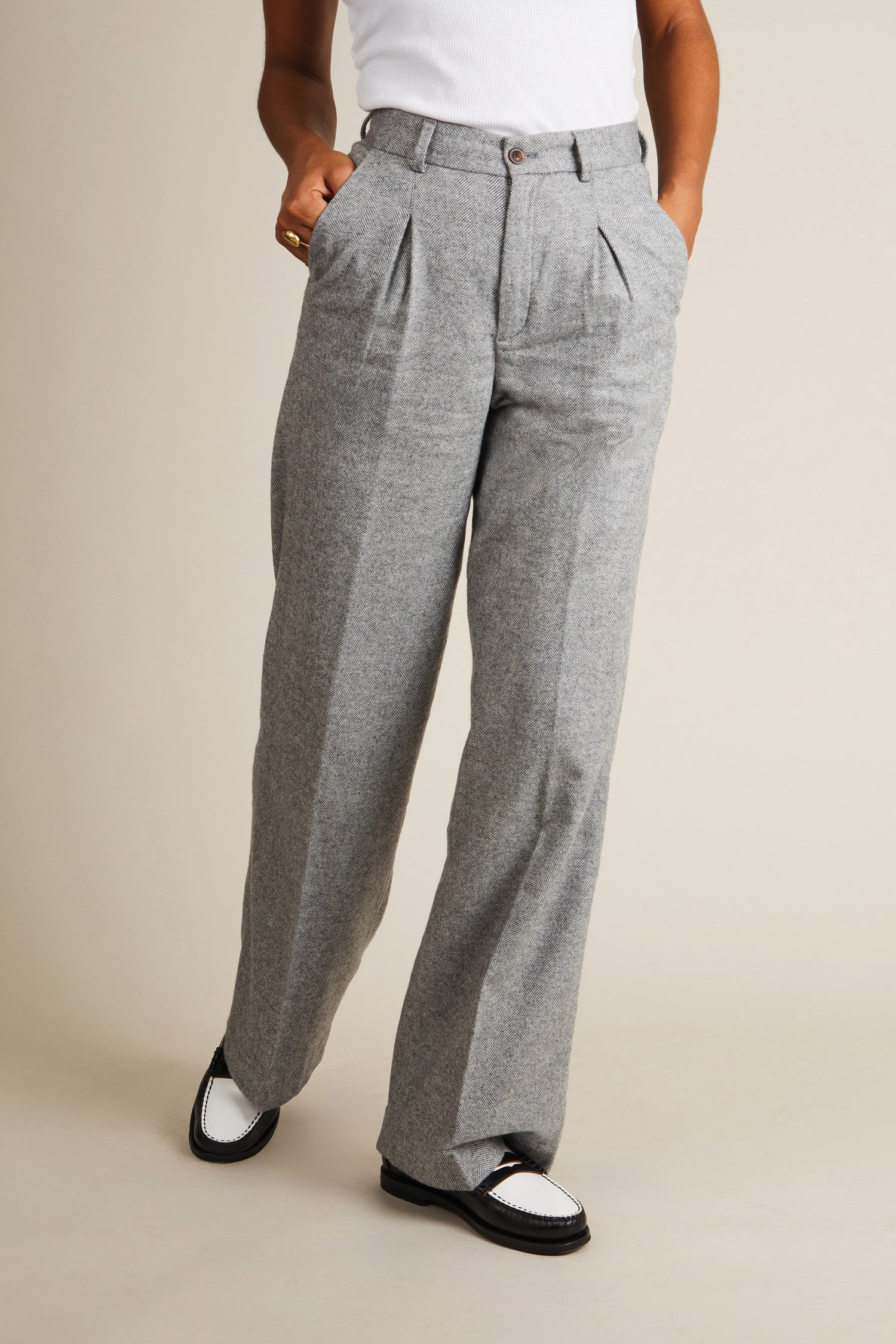 Grey herringbone flannel pleated pants