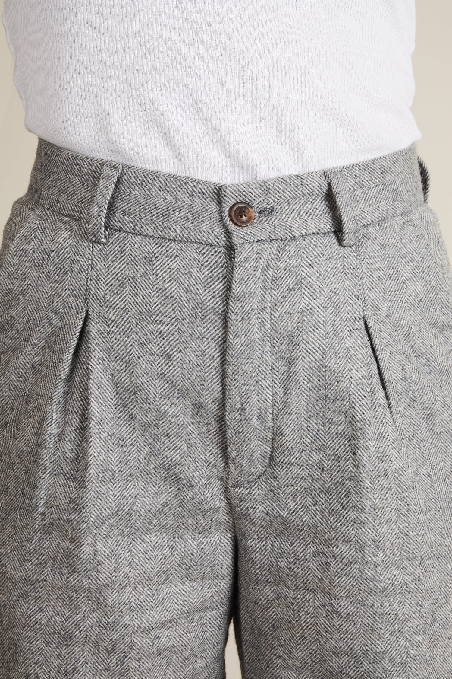 Grey herringbone flannel pleated pants