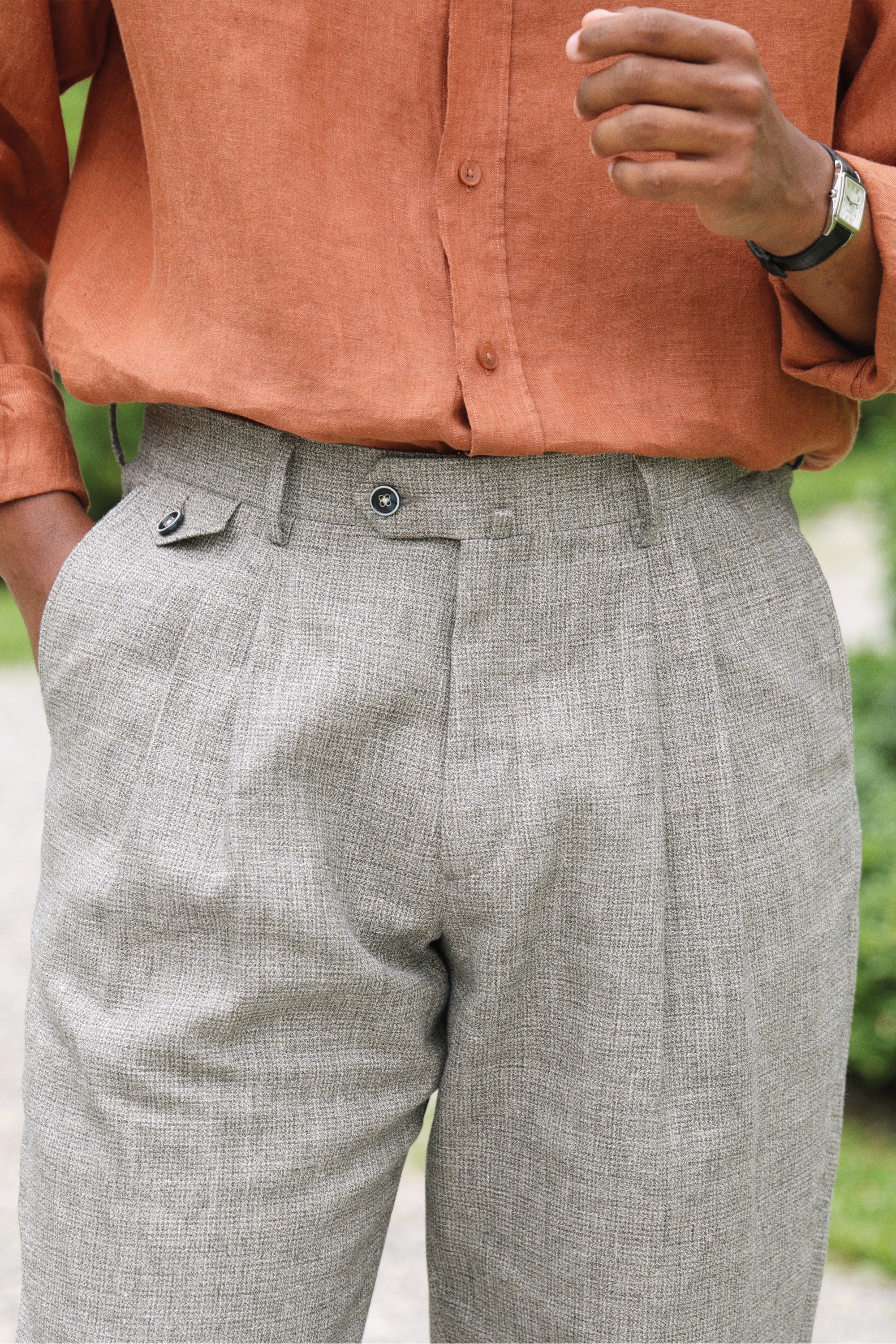 Lightweight houndstooth double-pleated trousers