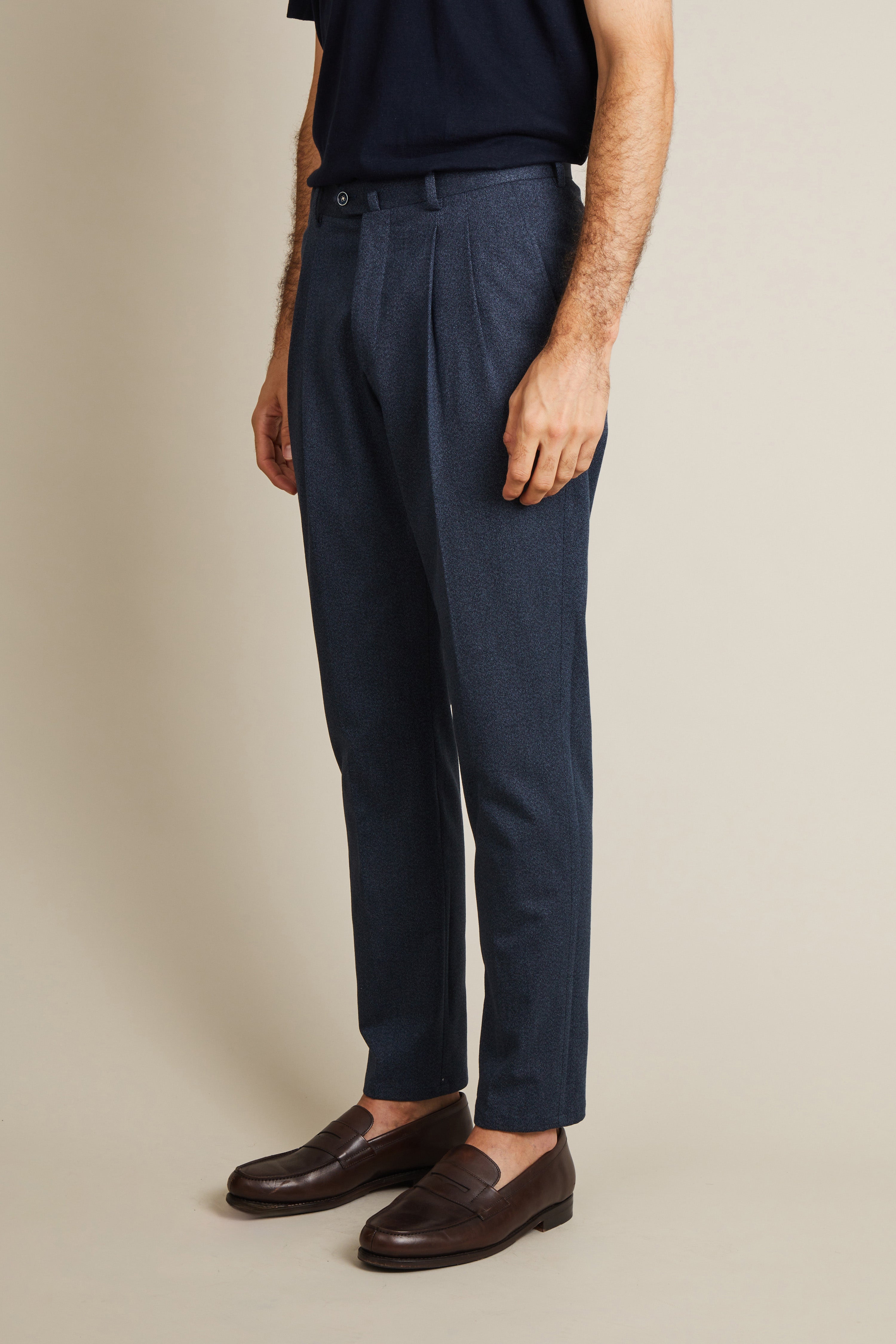 Men's Navy Blue Flannel Double Pleat Trousers | LePantalon