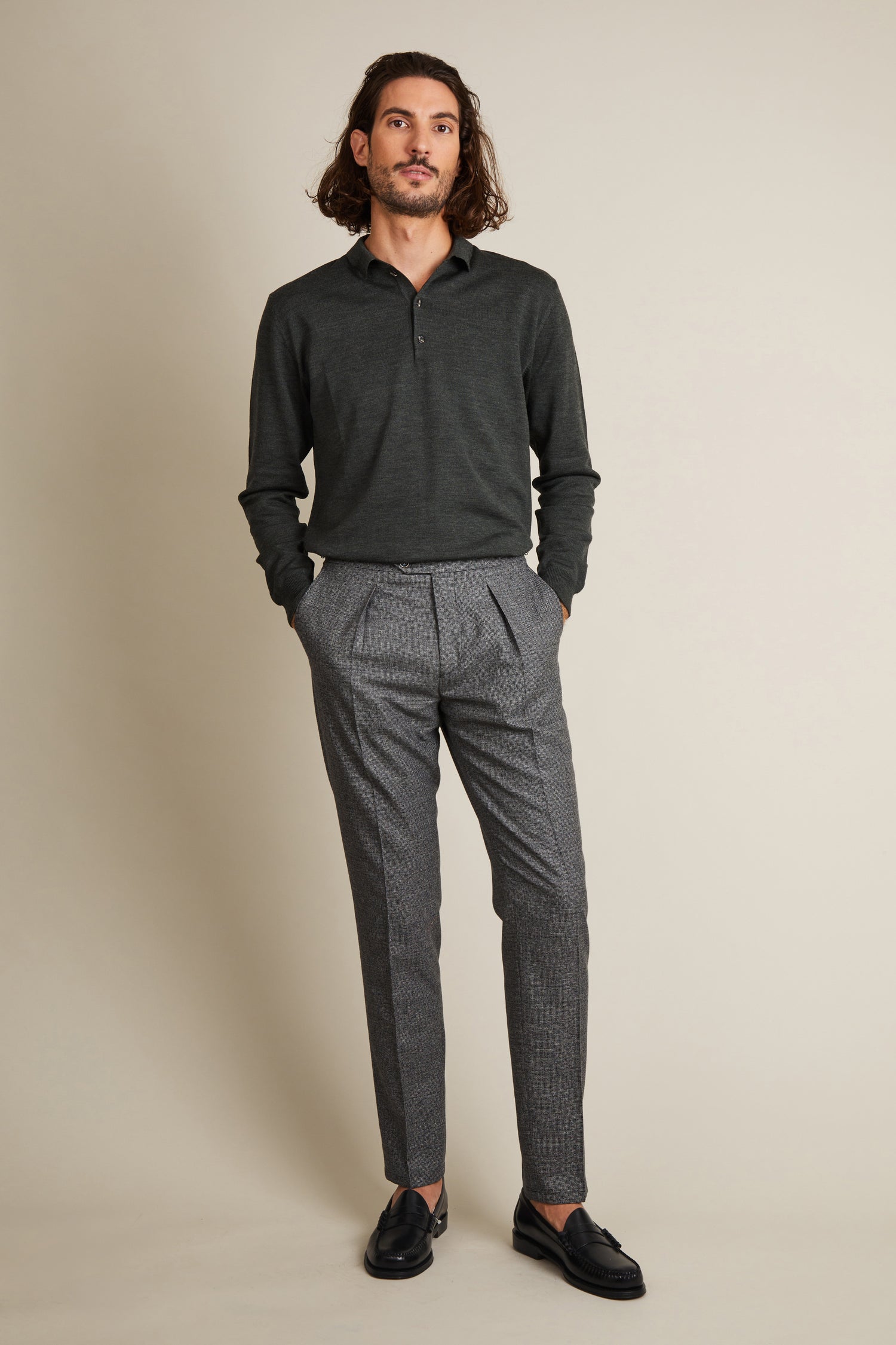 Grey Pleated Flannel Pants