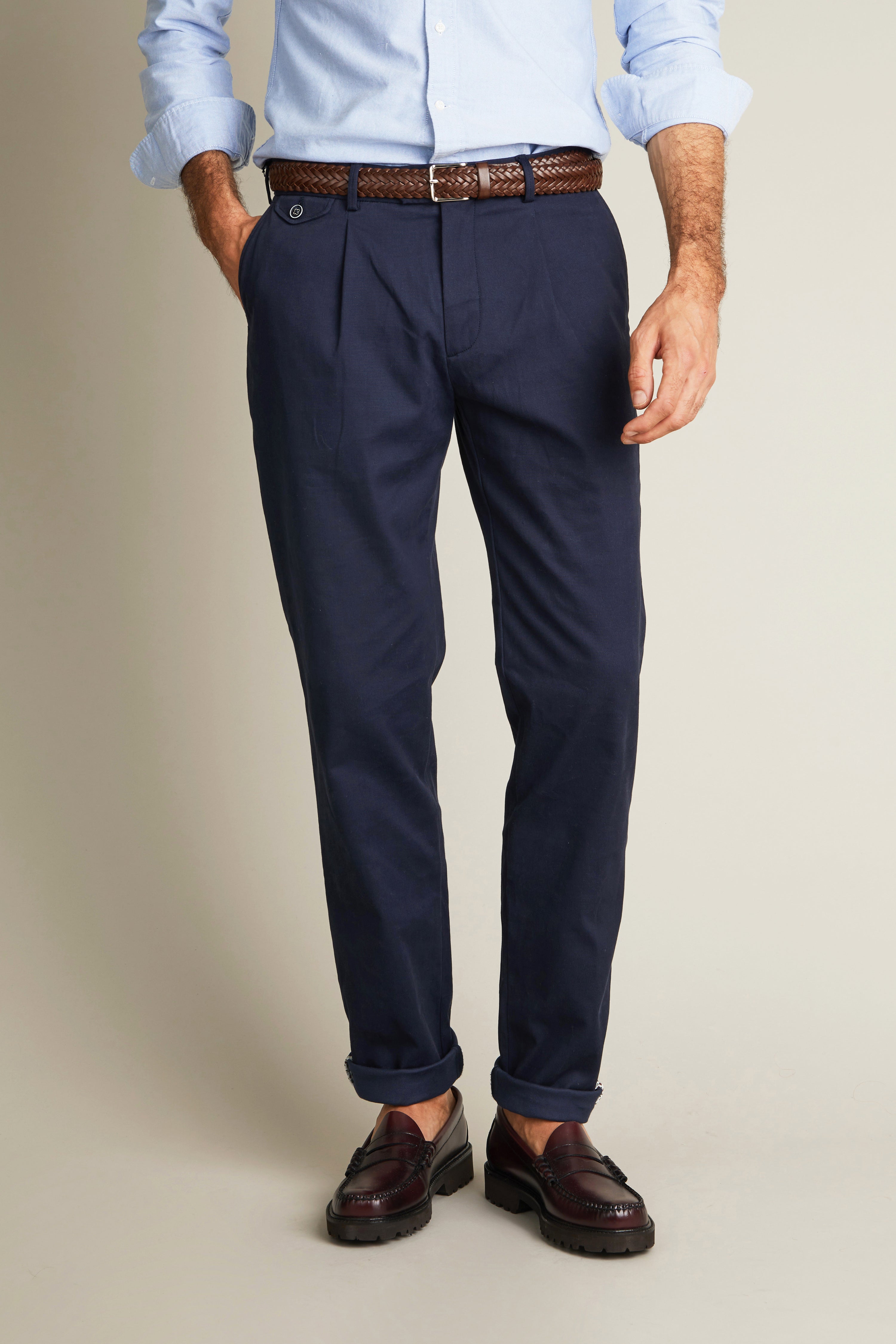Navy pleated chinos