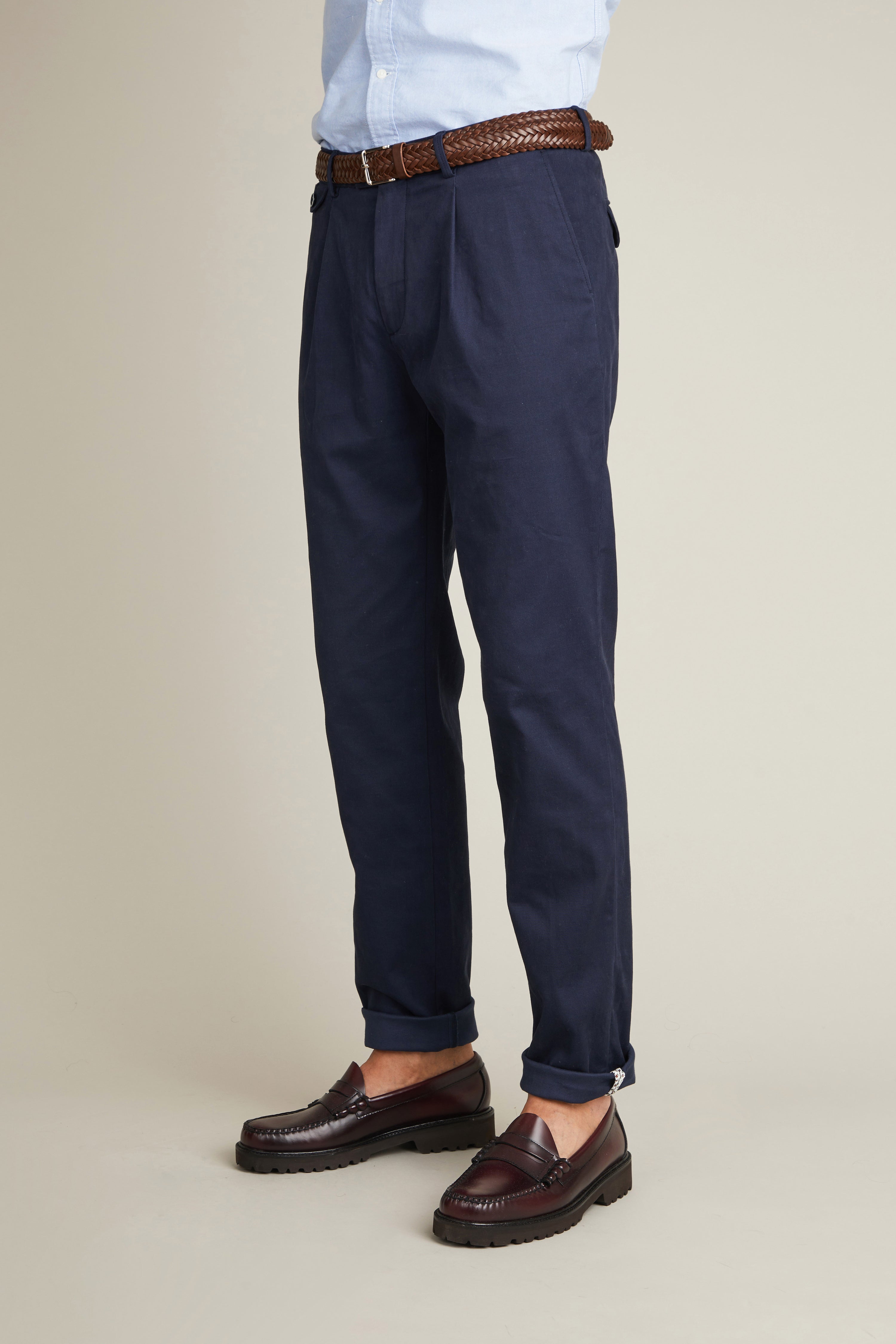 Navy pleated chinos