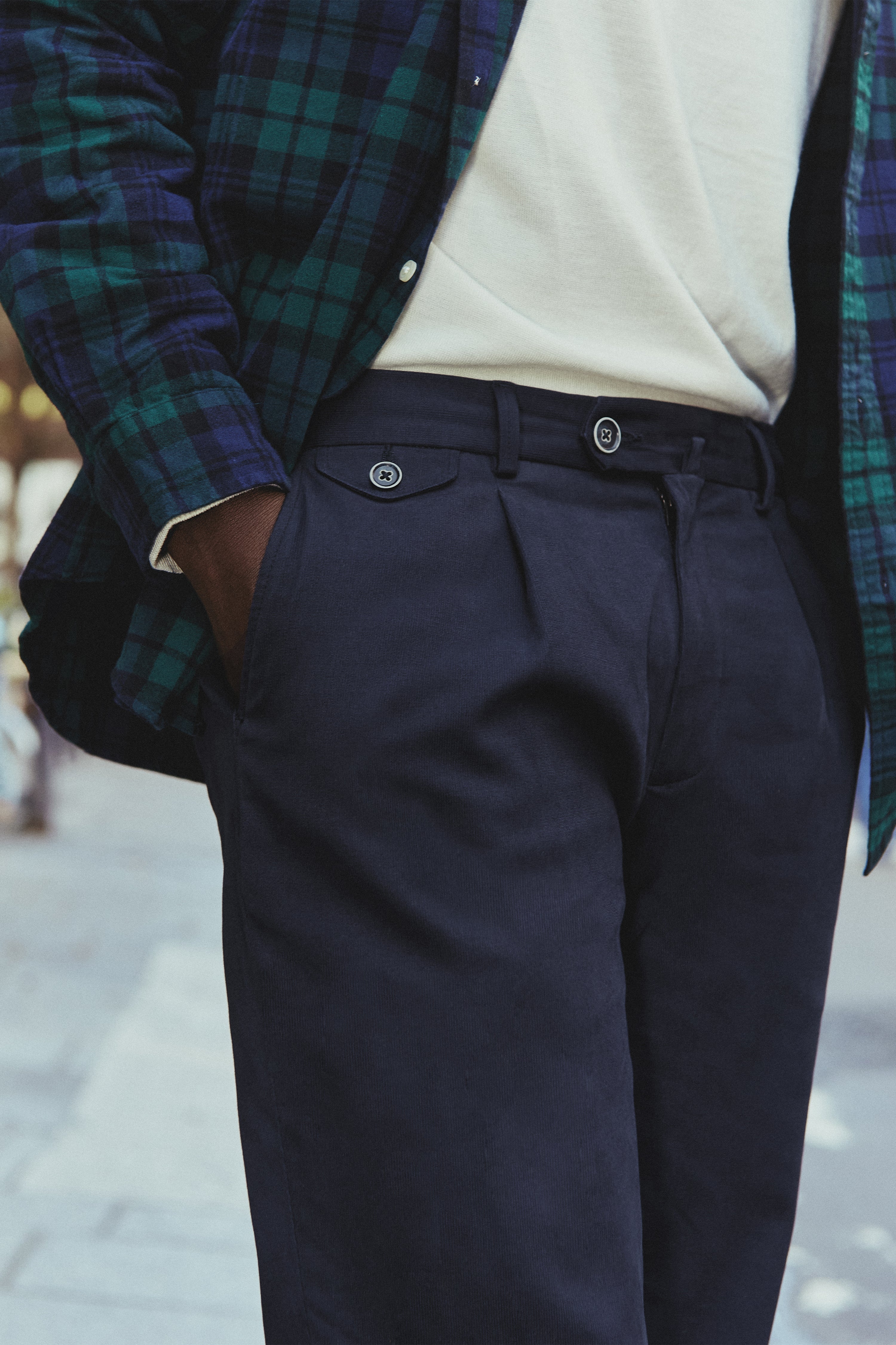Navy pleated chinos