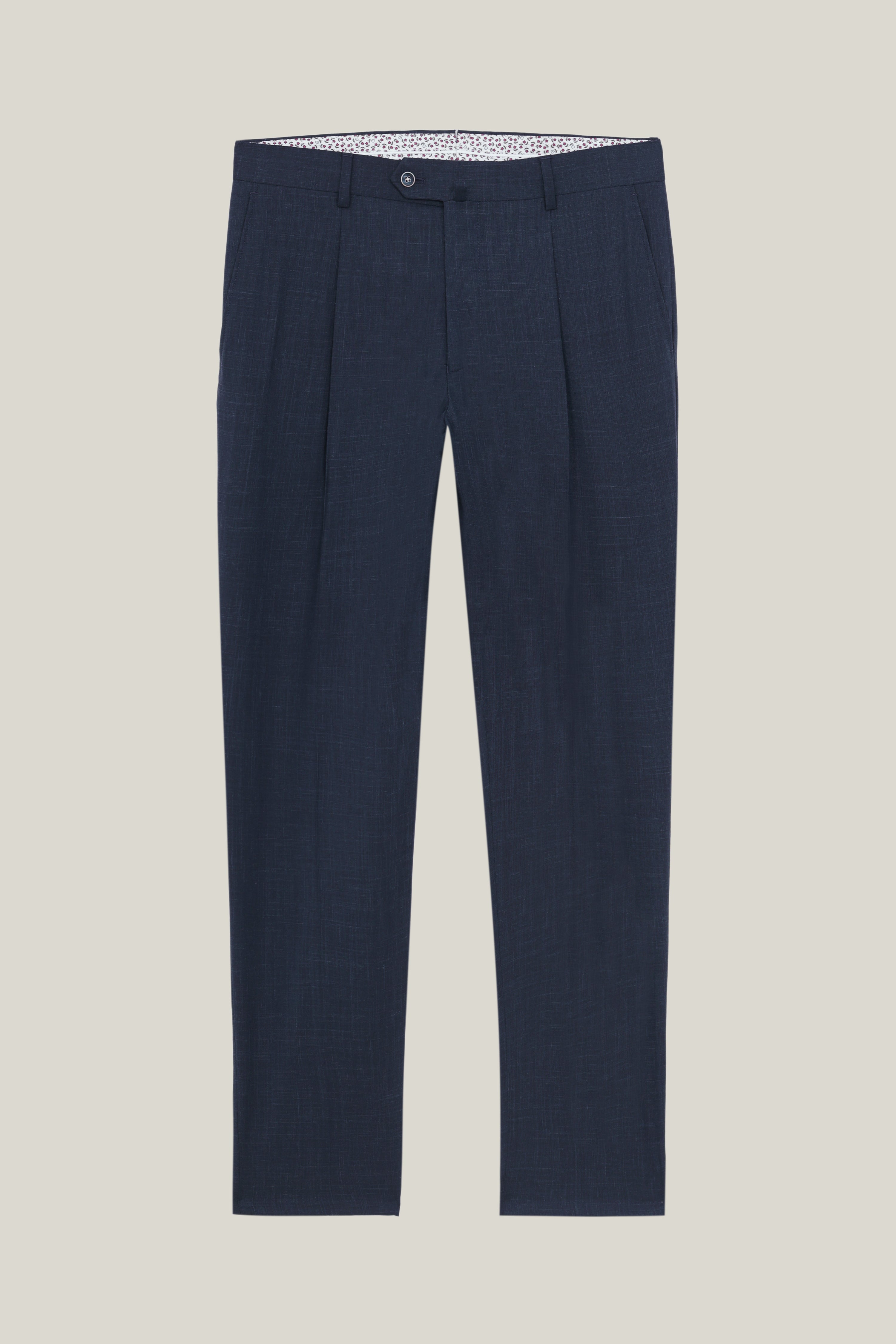 Pantalon à pinces laine-lin-soie bleu marine