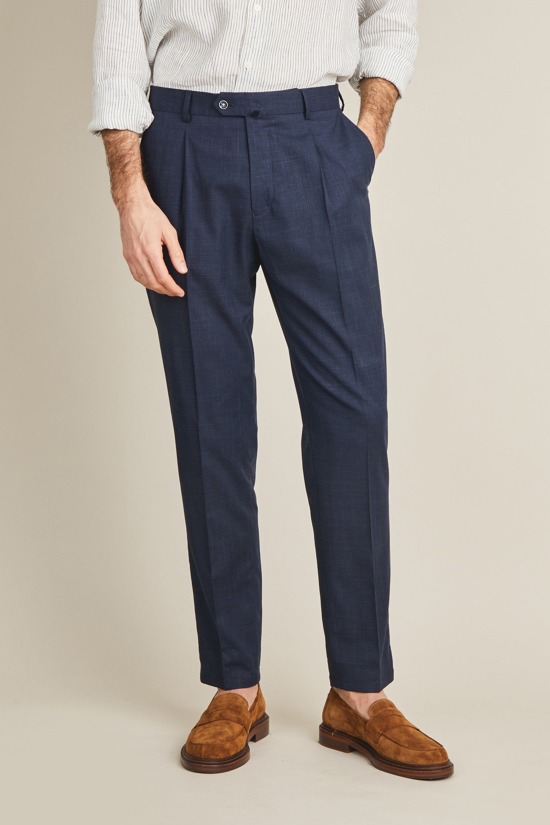 marine dress blue trousers Navy blue wool-linen-silk pleated trousers