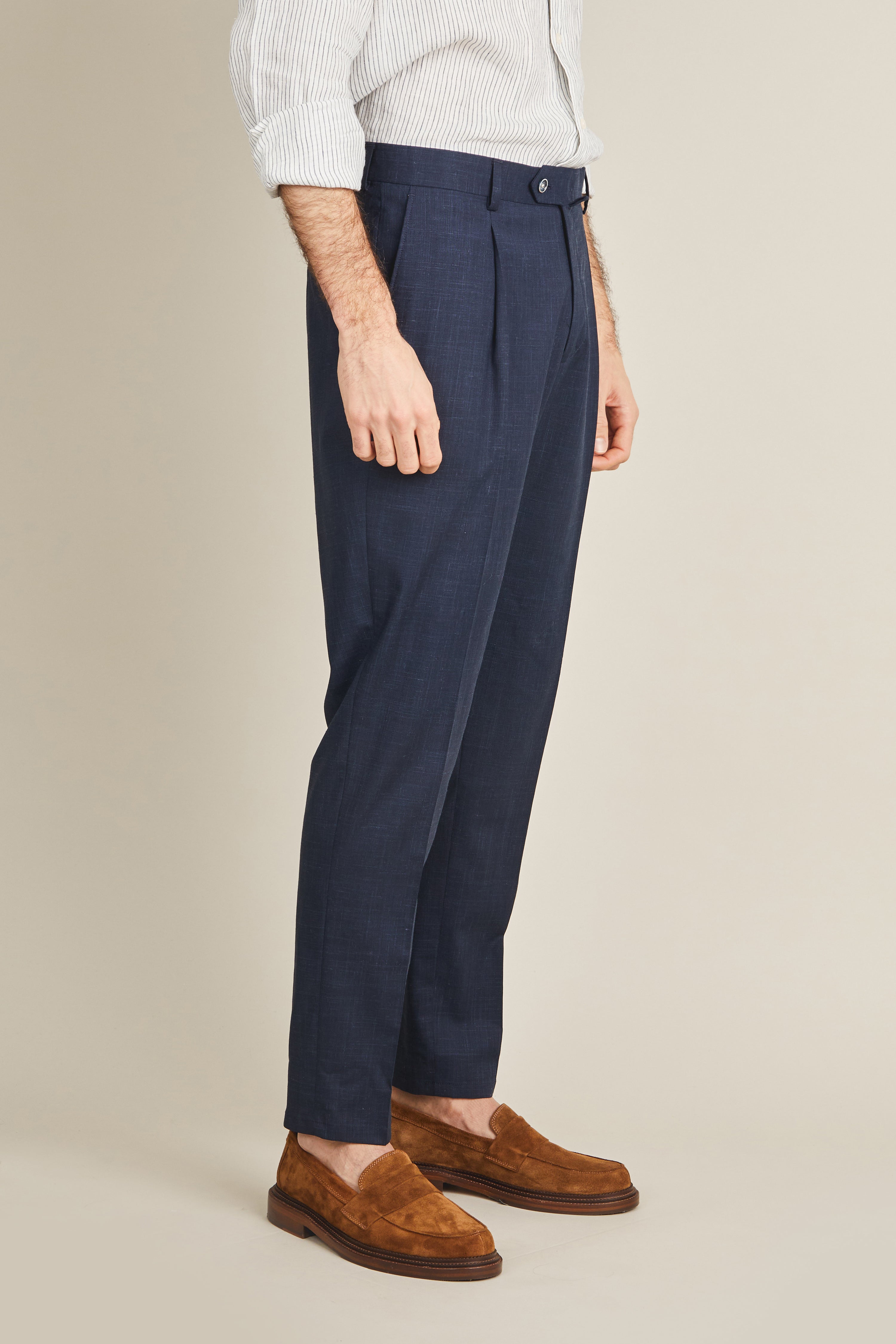 Pantalon à pinces laine-lin-soie bleu marine