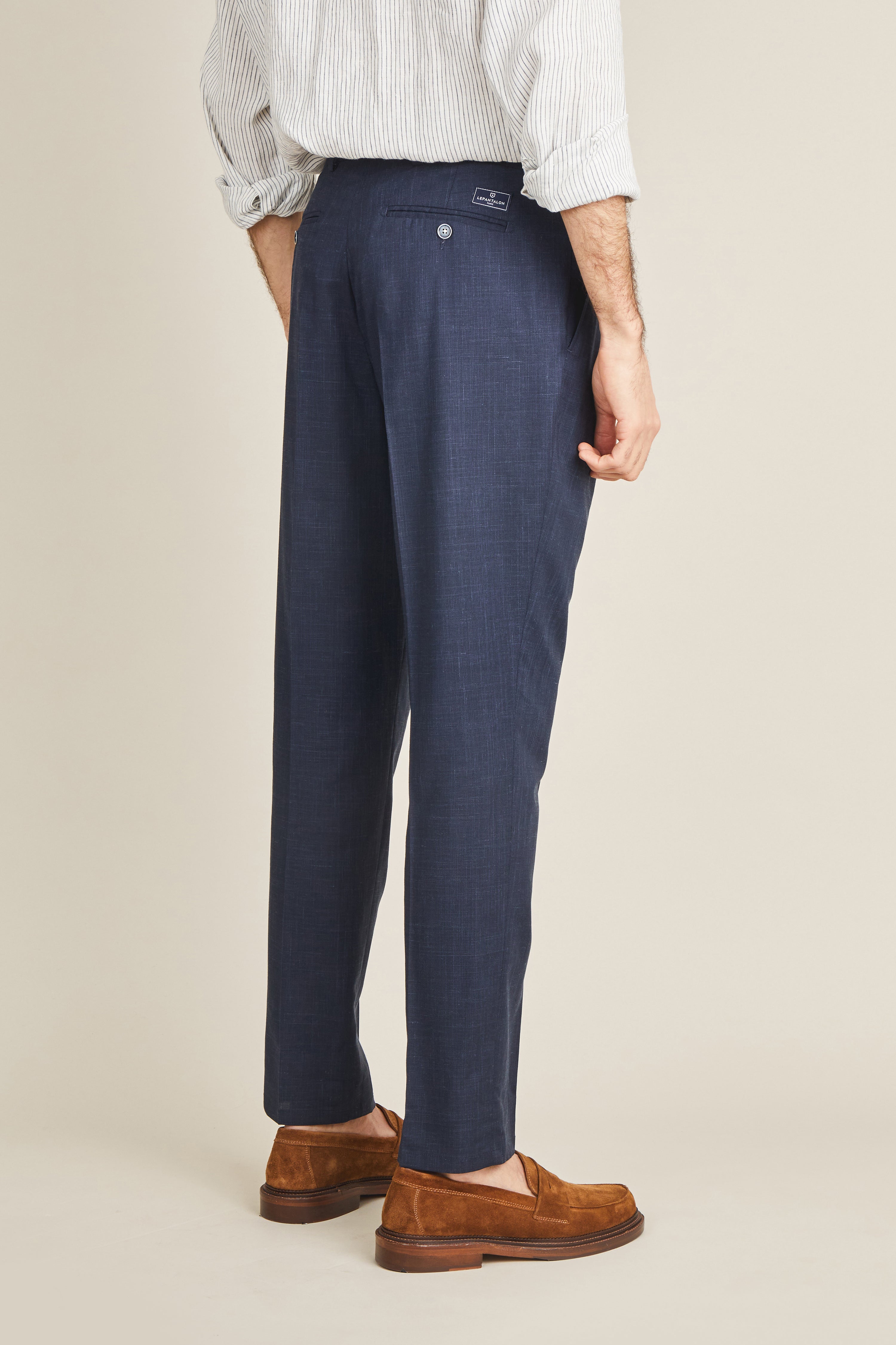Pantalon à pinces laine-lin-soie bleu marine