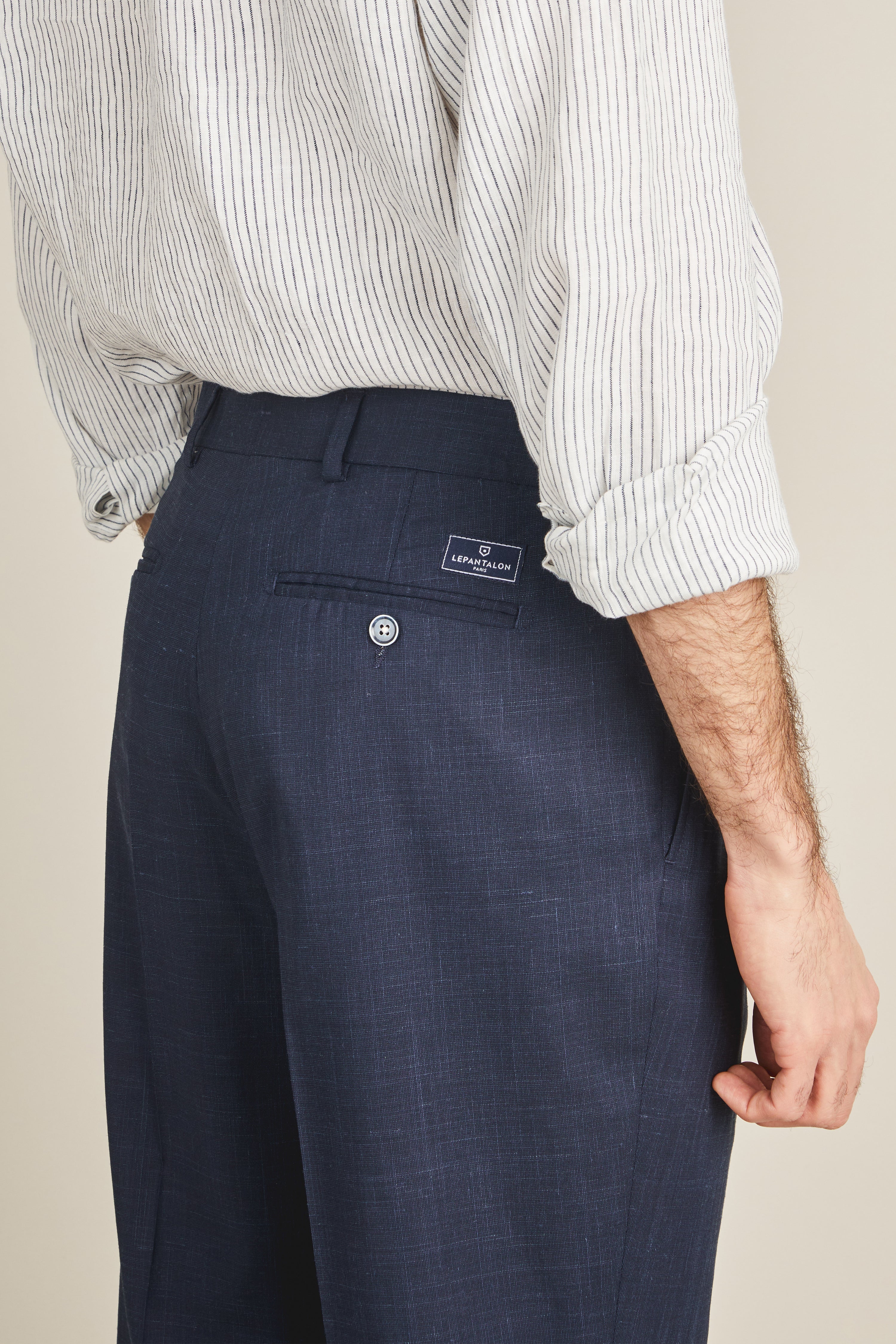 Pantalon à pinces laine-lin-soie bleu marine