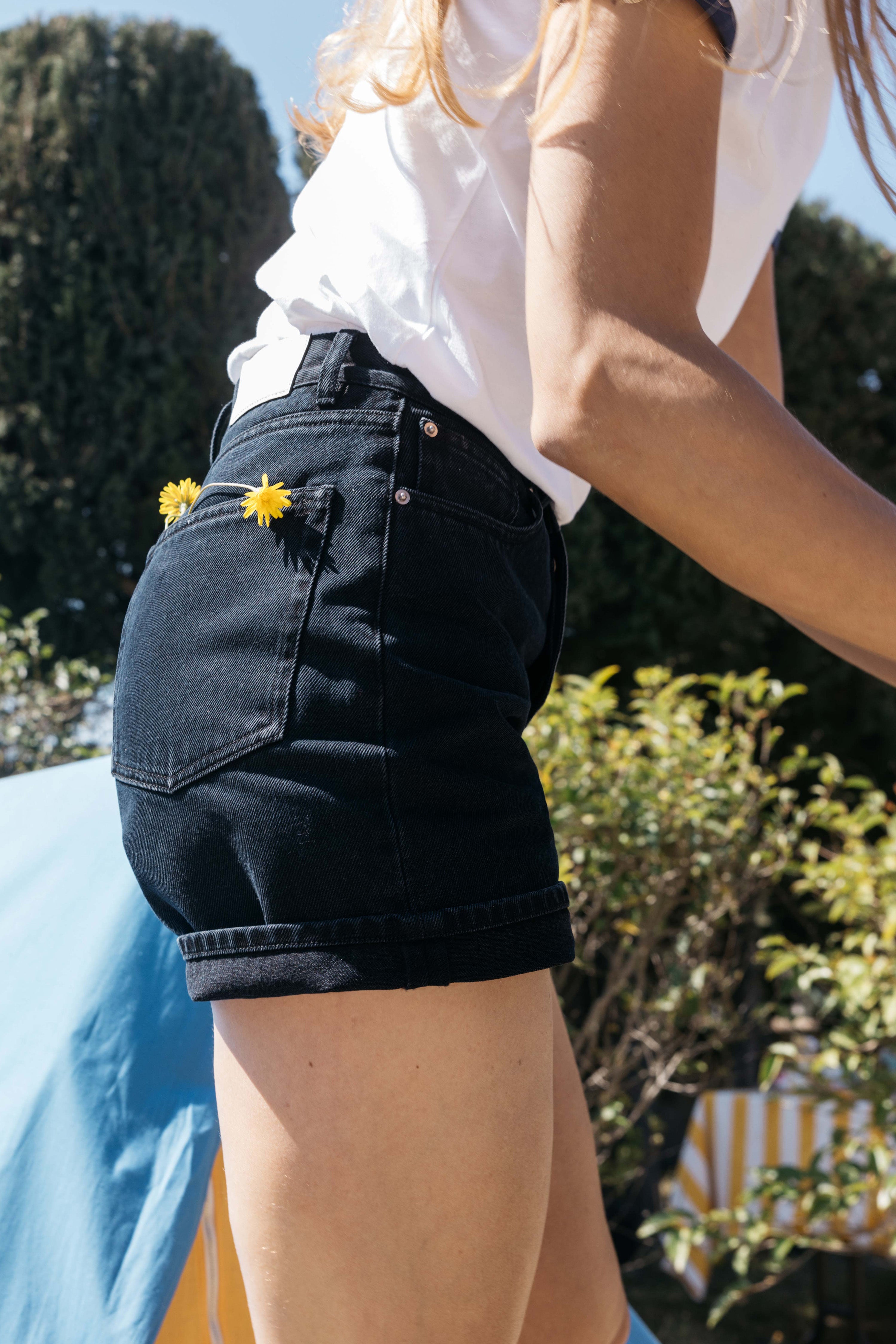 Black denim shorts