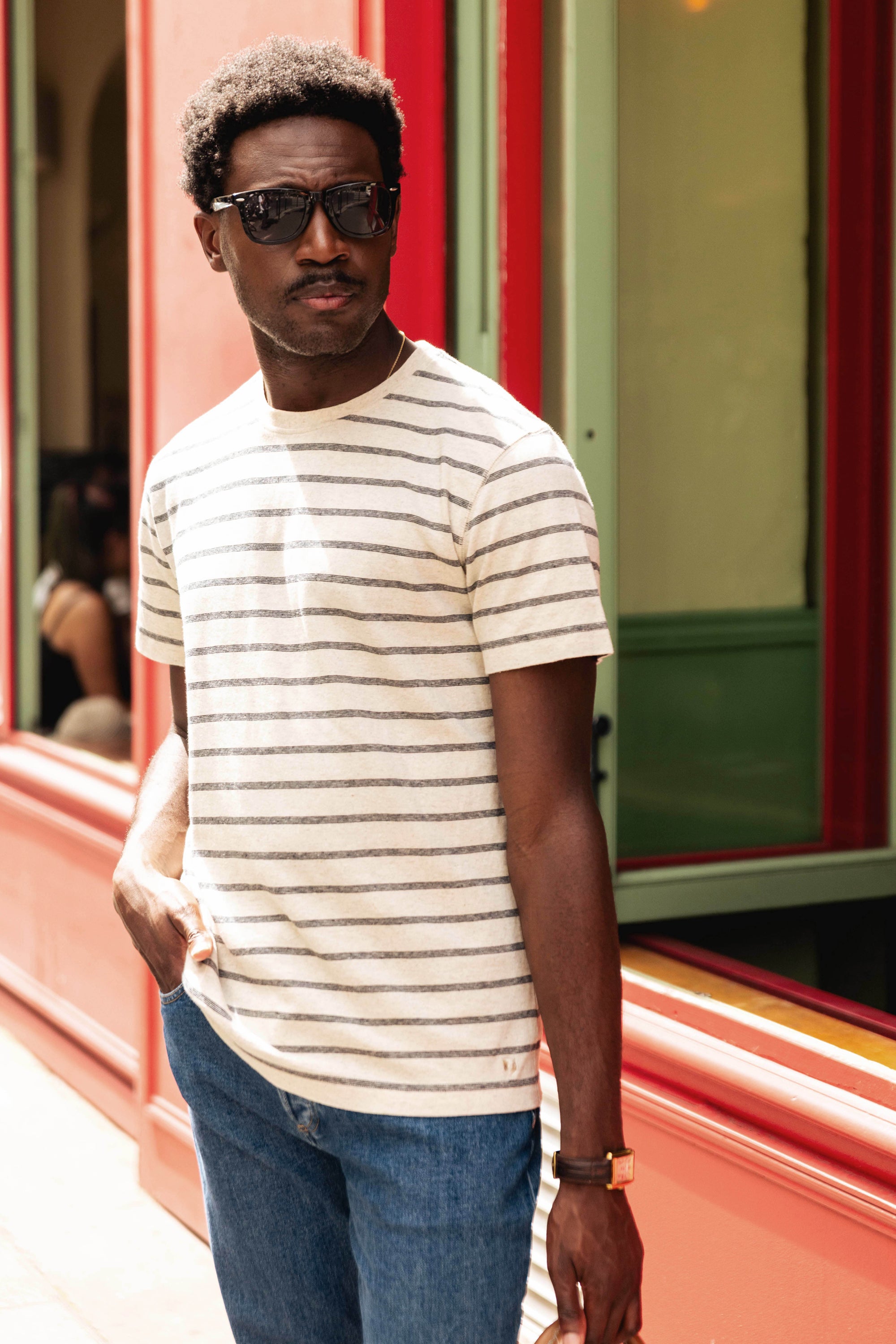 Navy blue striped cotton-linen T-shirt