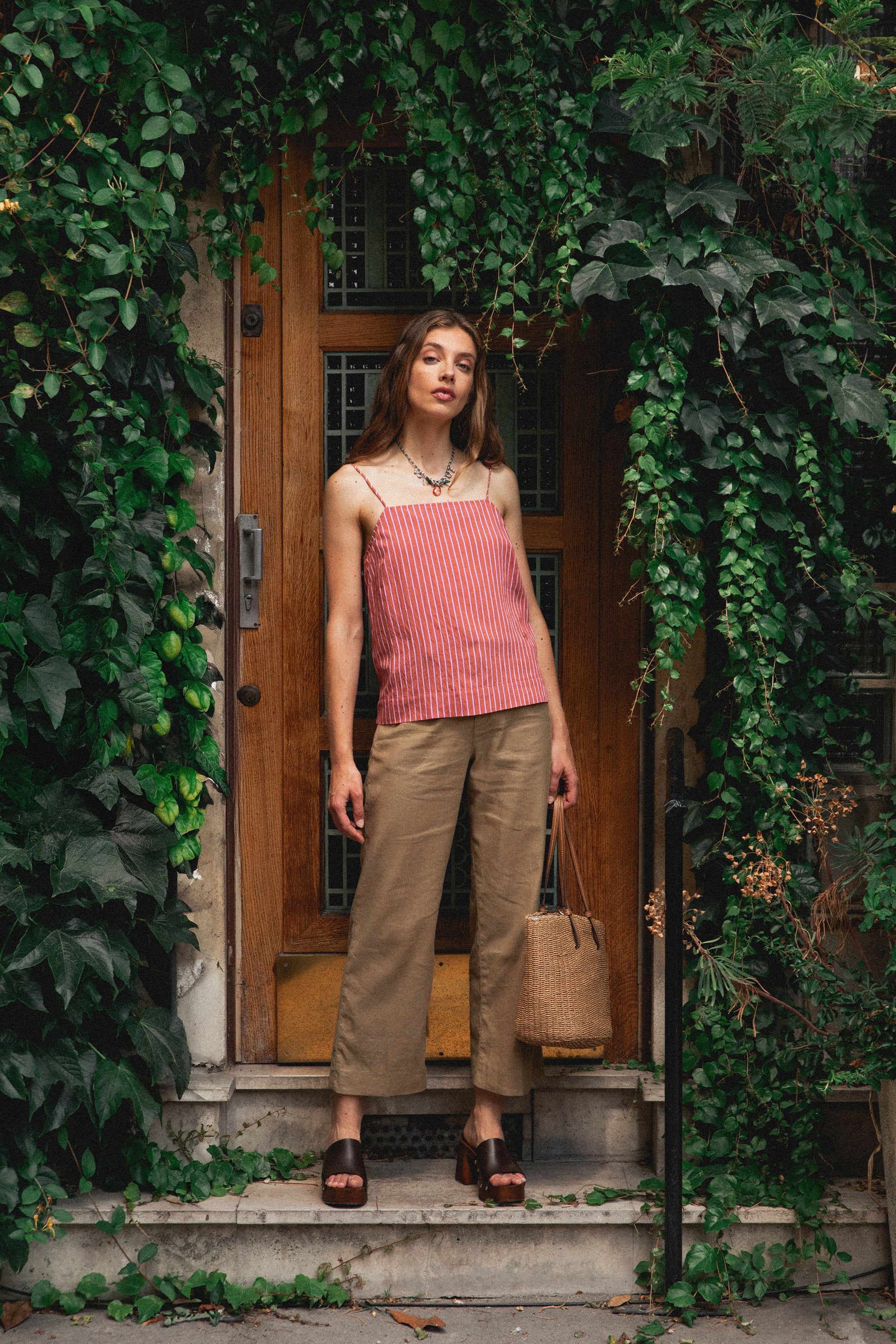Pantalon flare coton-lin beige foncé